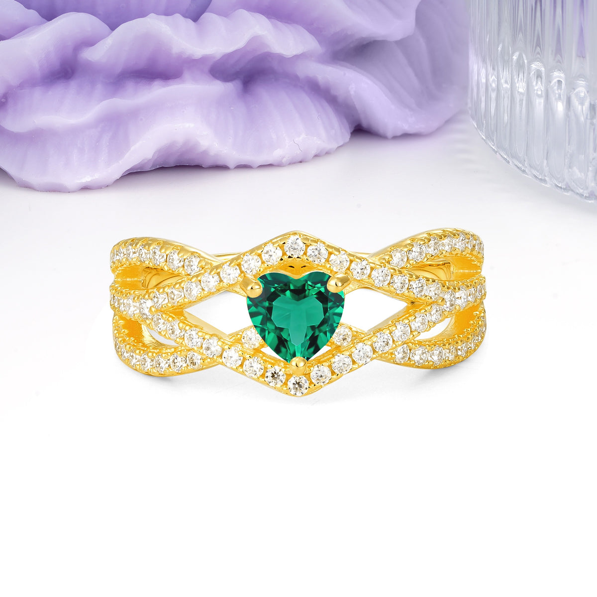 Unique Pavé Setting Surrounding a 3-Prong, Heart-Cut Emerald Engagement Ring - Additional view
