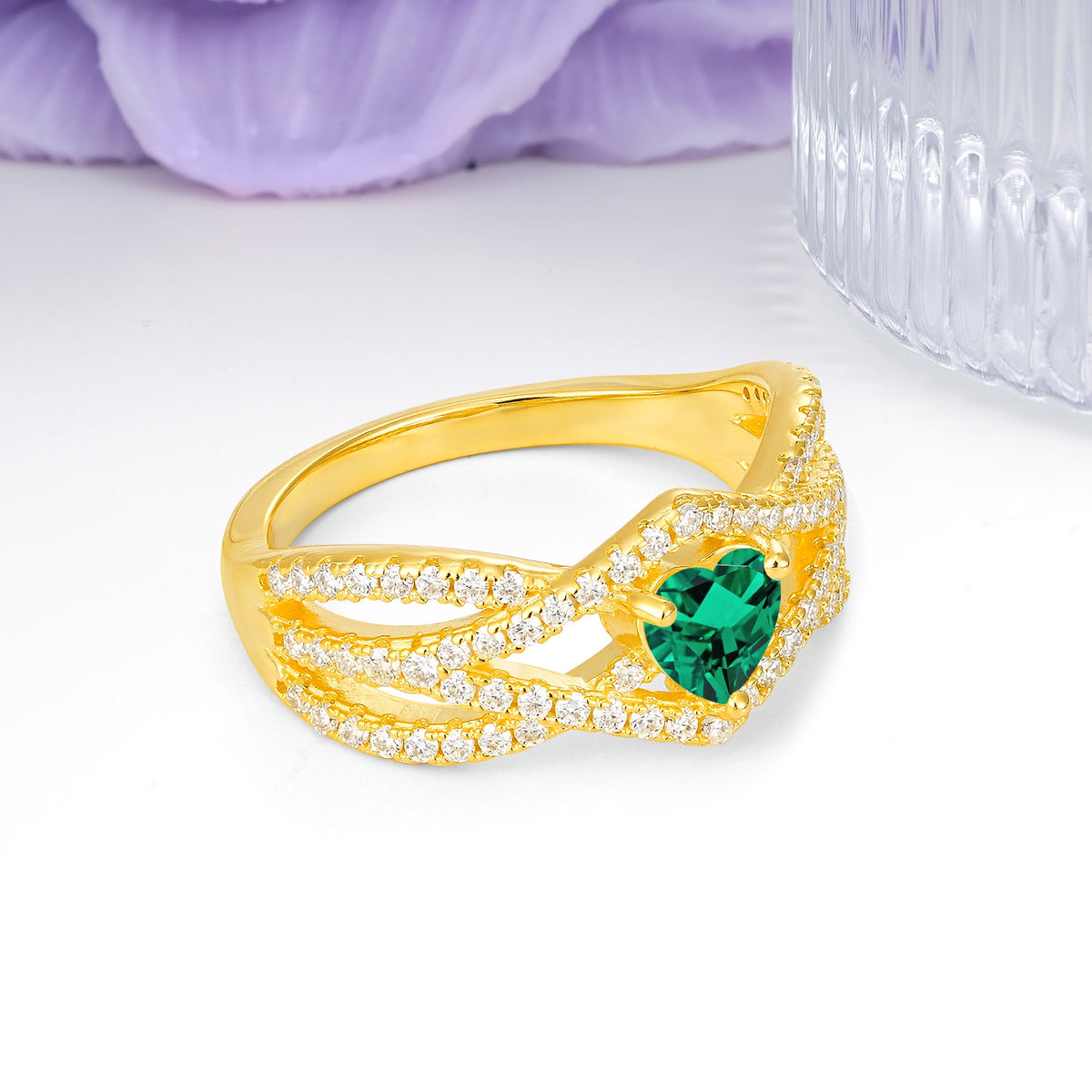 Unique Pavé Setting Surrounding a 3-Prong, Heart-Cut Emerald Engagement Ring - Additional view