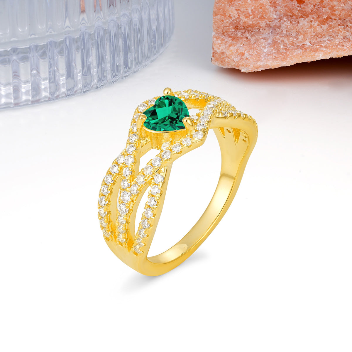 Unique Pavé Setting Surrounding a 3-Prong, Heart-Cut Emerald Engagement Ring - Additional view