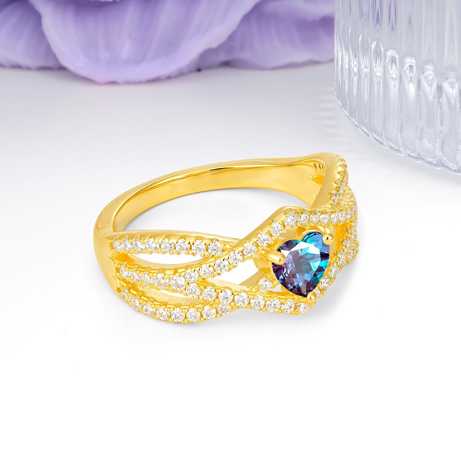 Unique Pavé Setting Surrounding a 3-Prong, Heart-Cut Alexandrite Engagement Ring - Additional view