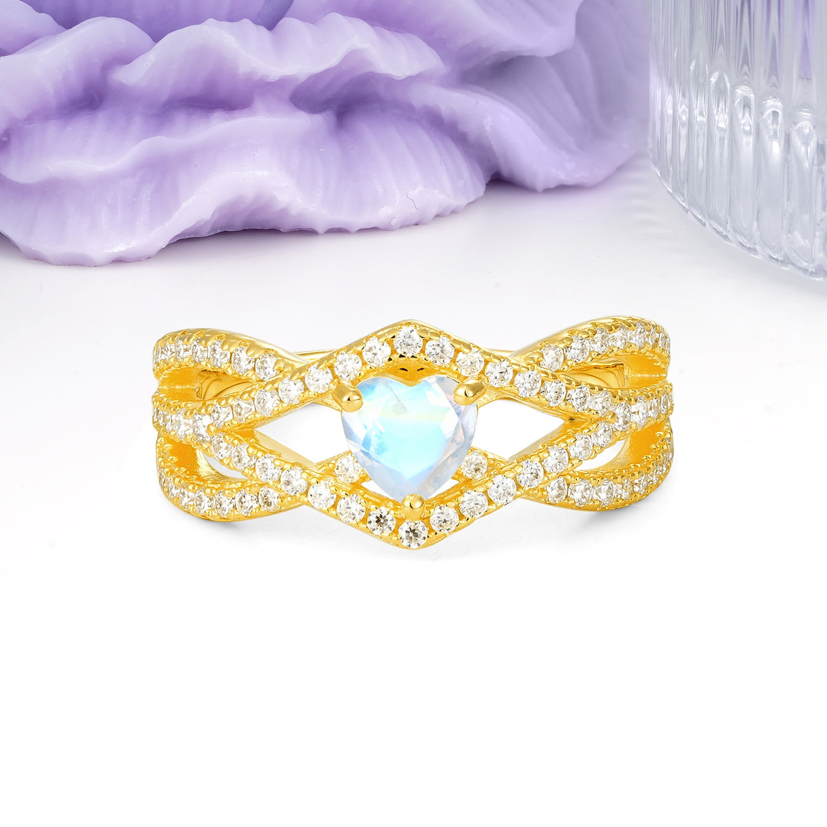 Unique Pavé Setting Surrounding a 3-Prong, Heart-Cut Moonstone Engagement Ring - Additional view