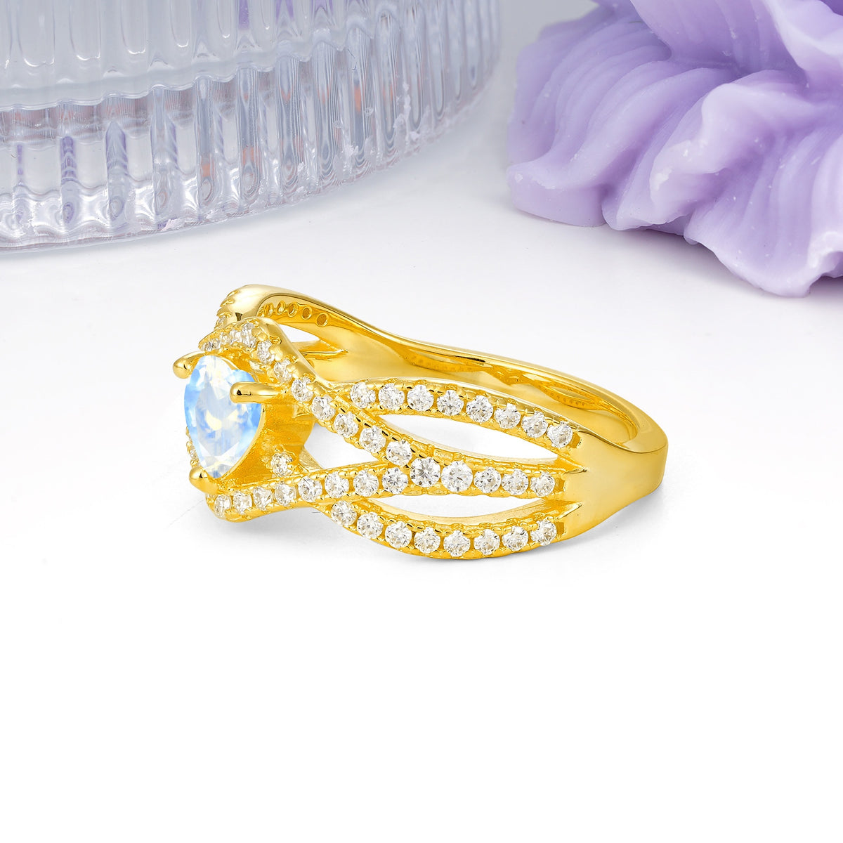 Unique Pavé Setting Surrounding a 3-Prong, Heart-Cut Moonstone Engagement Ring - Additional view