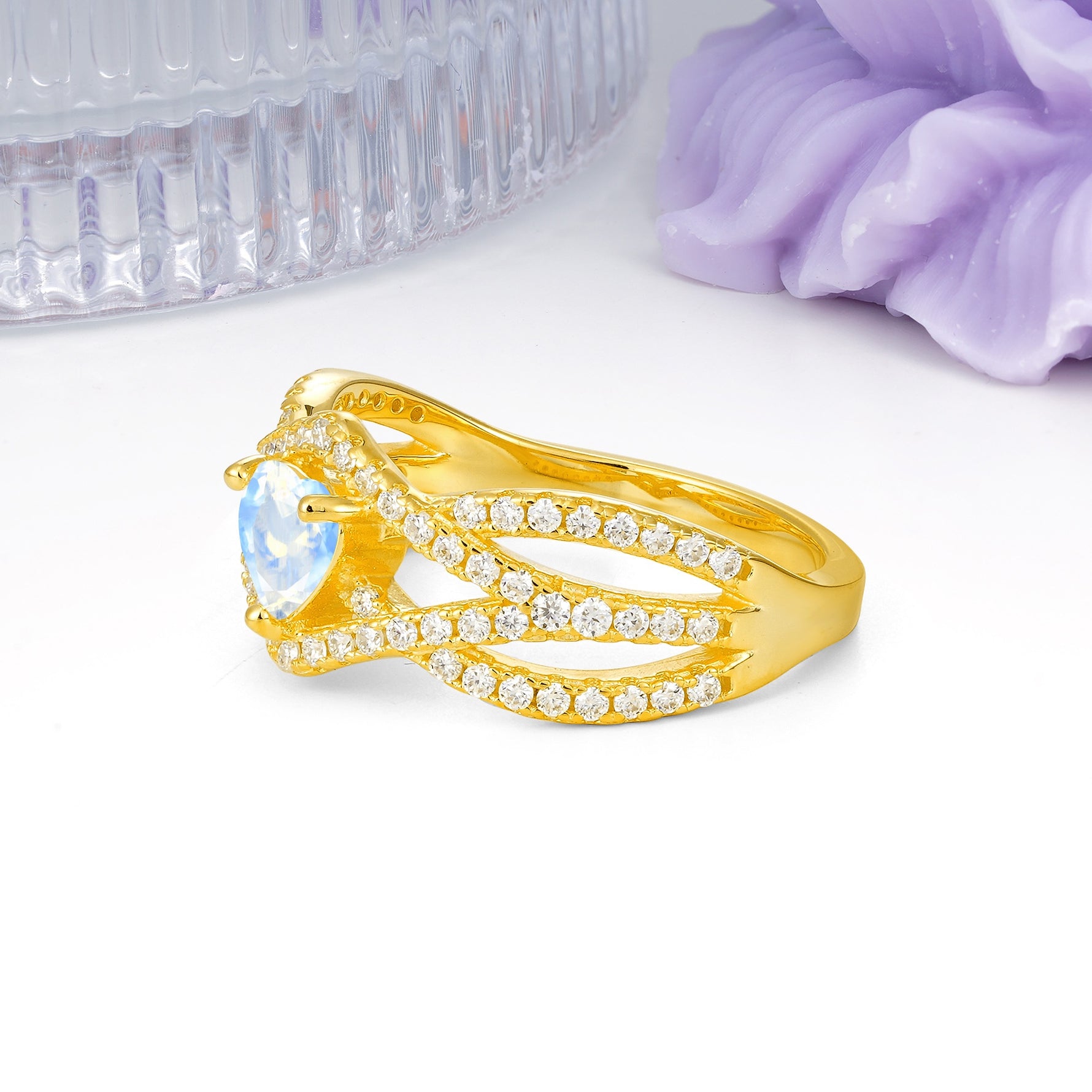 Unique Pavé Setting Surrounding a 3-Prong, Heart-Cut Moonstone Engagement Ring - Additional view