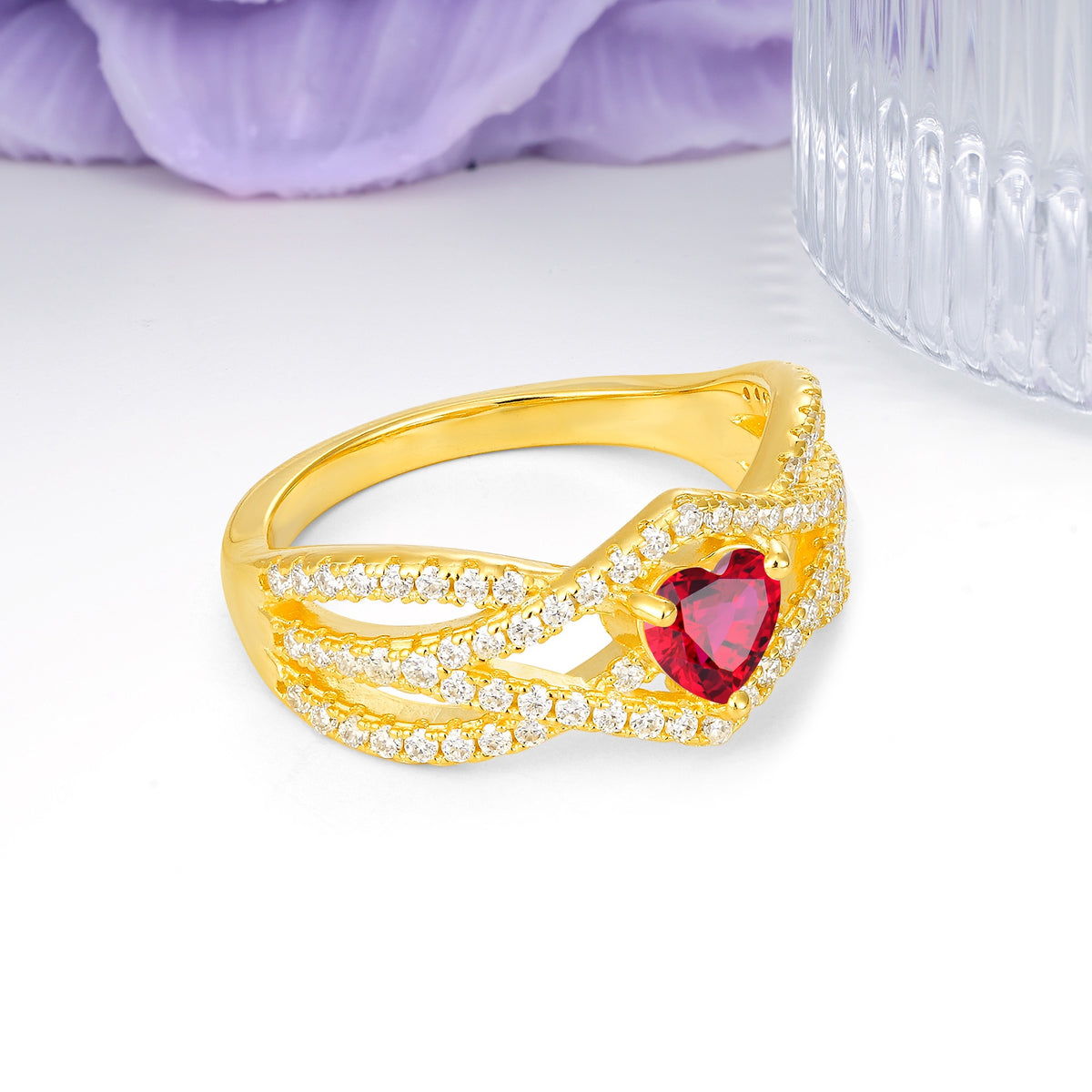 Unique Pavé Setting Surrounding a 3-Prong, Heart-Cut Ruby Engagement Ring - Additional view
