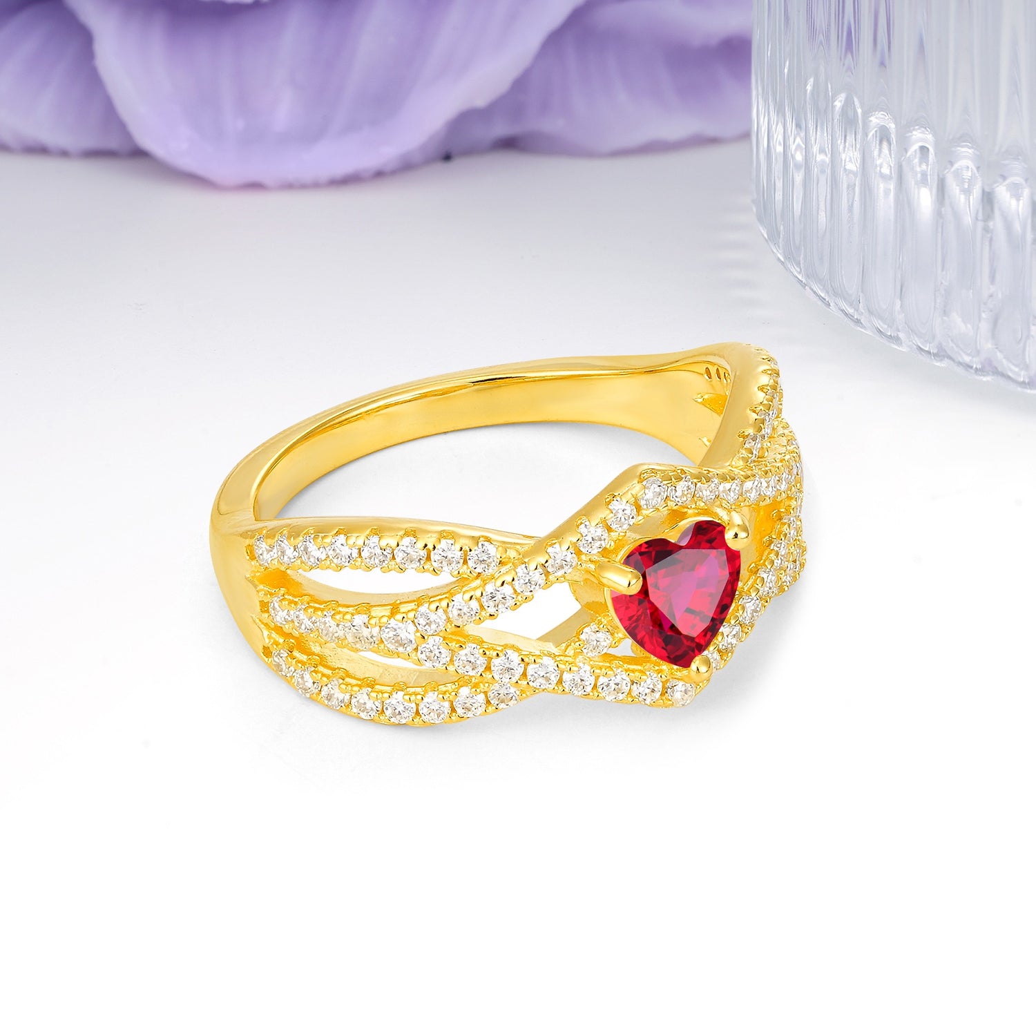 Unique Pavé Setting Surrounding a 3-Prong, Heart-Cut Ruby Engagement Ring - Additional view