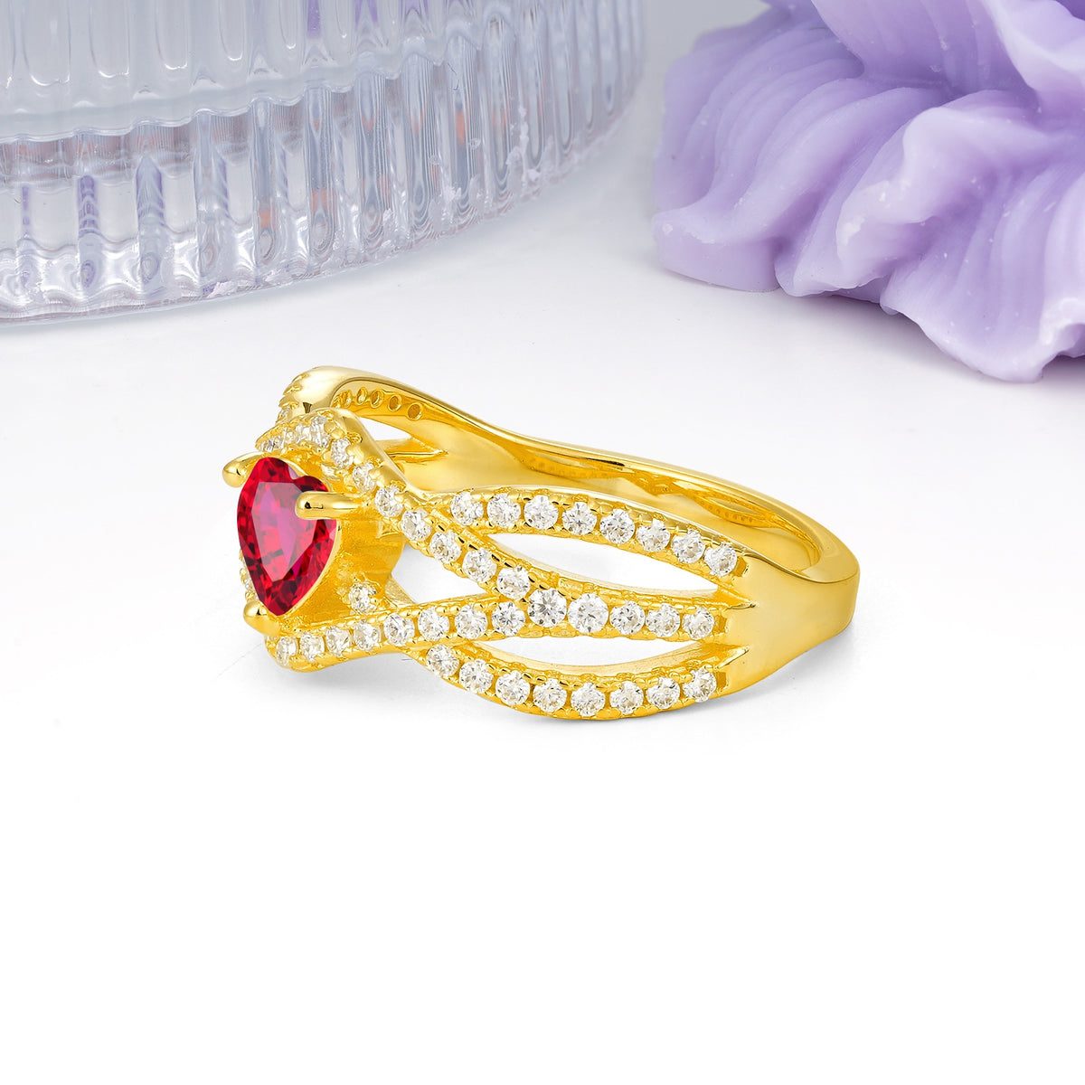 Unique Pavé Setting Surrounding a 3-Prong, Heart-Cut Ruby Engagement Ring - Additional view