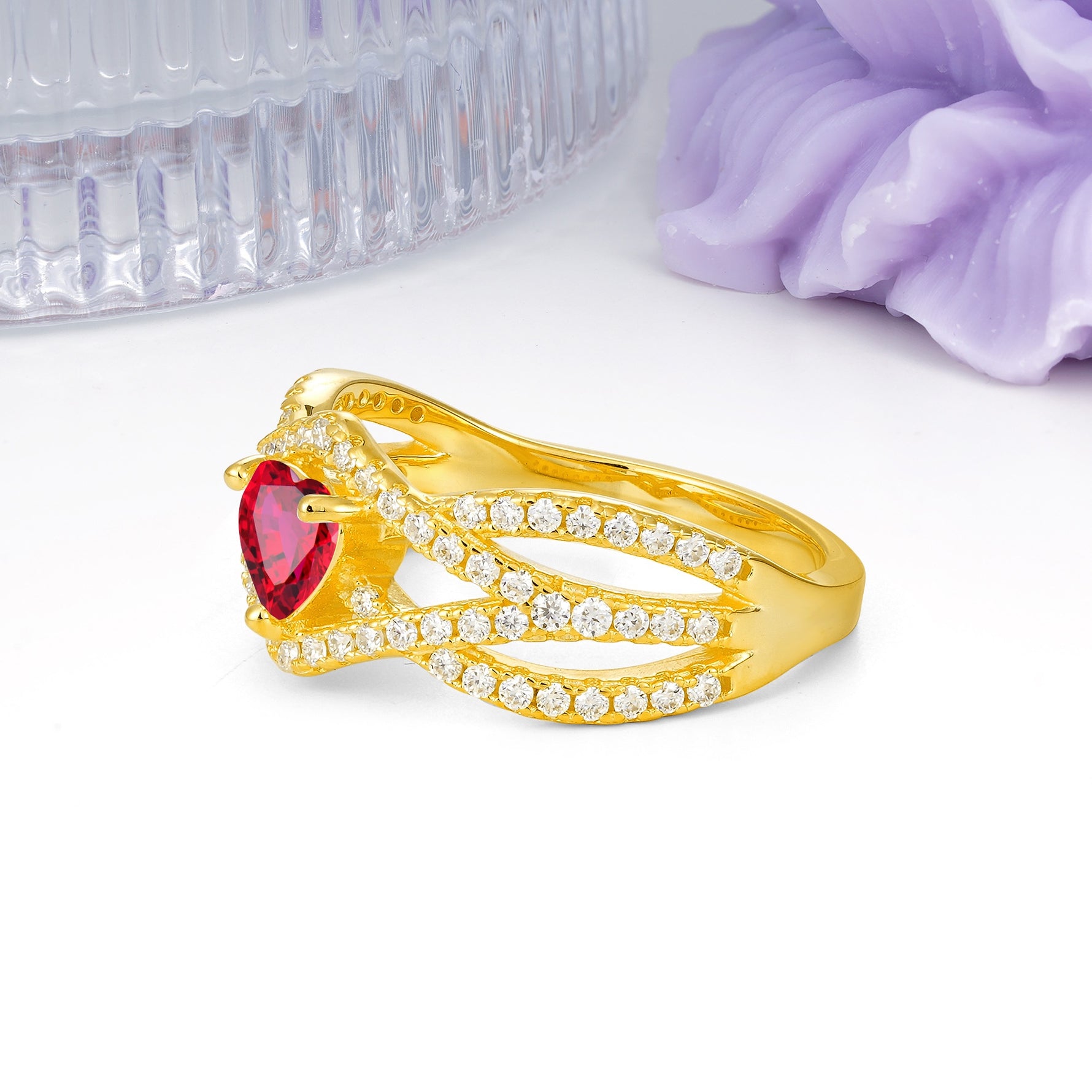 Unique Pavé Setting Surrounding a 3-Prong, Heart-Cut Ruby Engagement Ring - Additional view