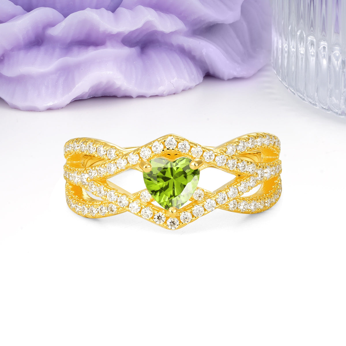 Unique Pavé Setting Surrounding a 3-Prong, Heart-Cut Peridot Engagement Ring - Additional view