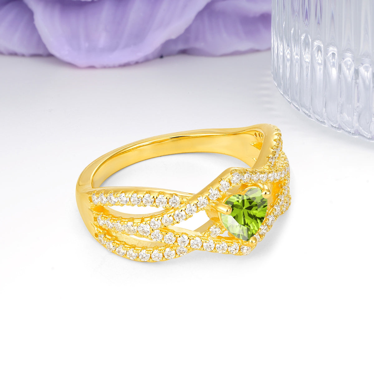 Unique Pavé Setting Surrounding a 3-Prong, Heart-Cut Peridot Engagement Ring - Additional view