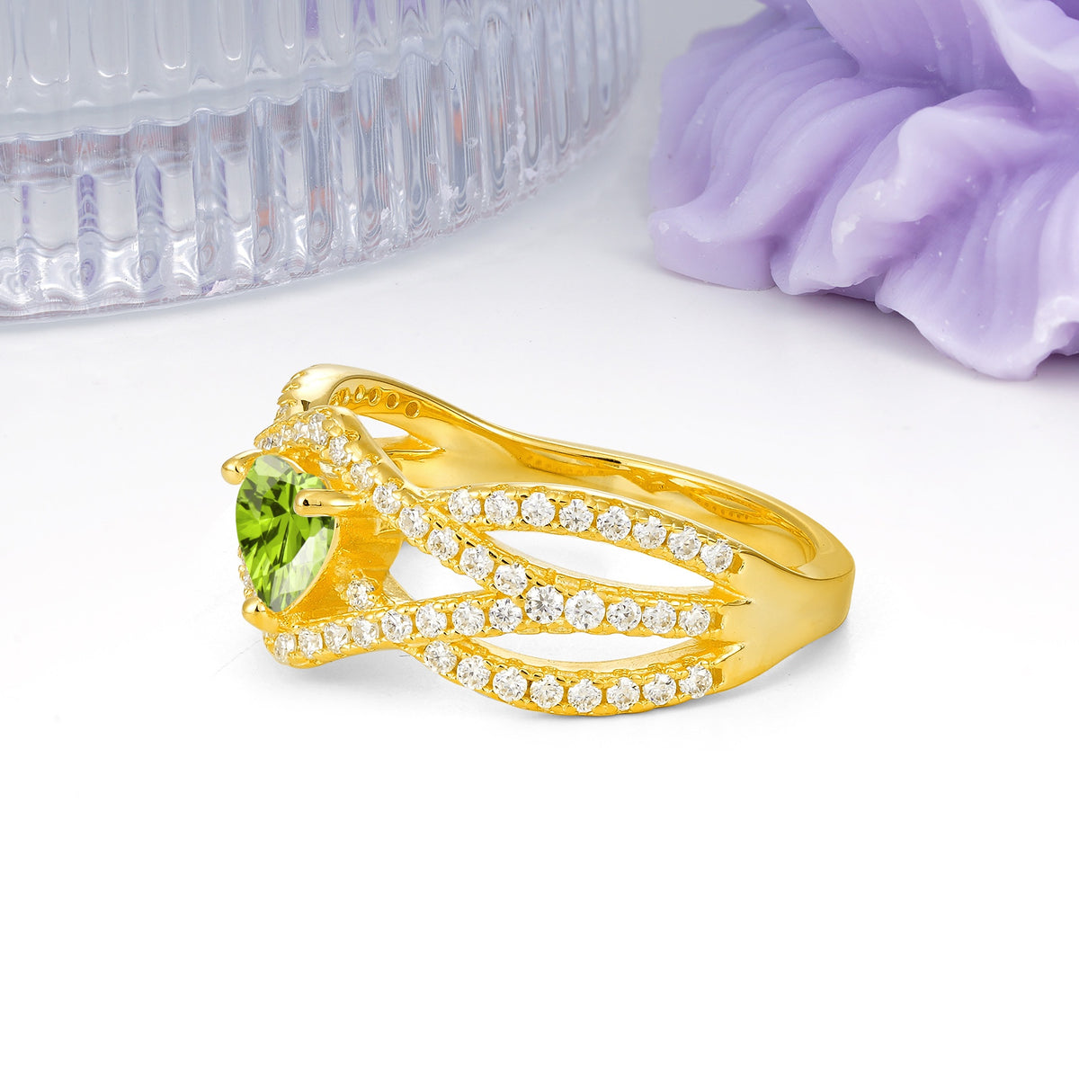 Unique Pavé Setting Surrounding a 3-Prong, Heart-Cut Peridot Engagement Ring - Additional view