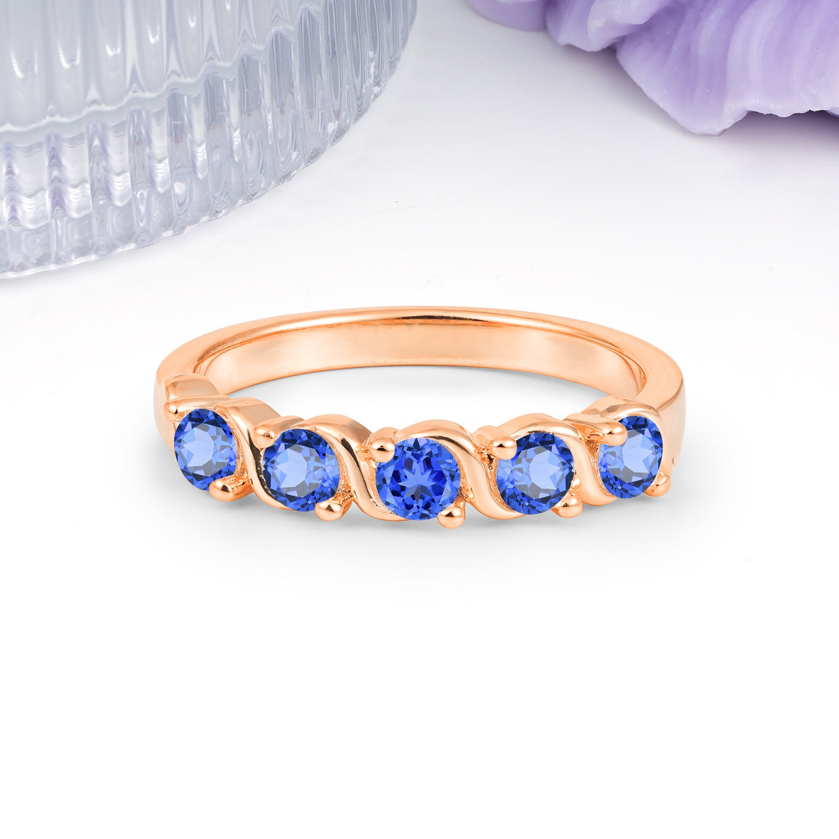 Luxurious Pavé-Set Diamonds, Classic 2-Prong Round Cut Sapphire Wedding Ring - Additional view
