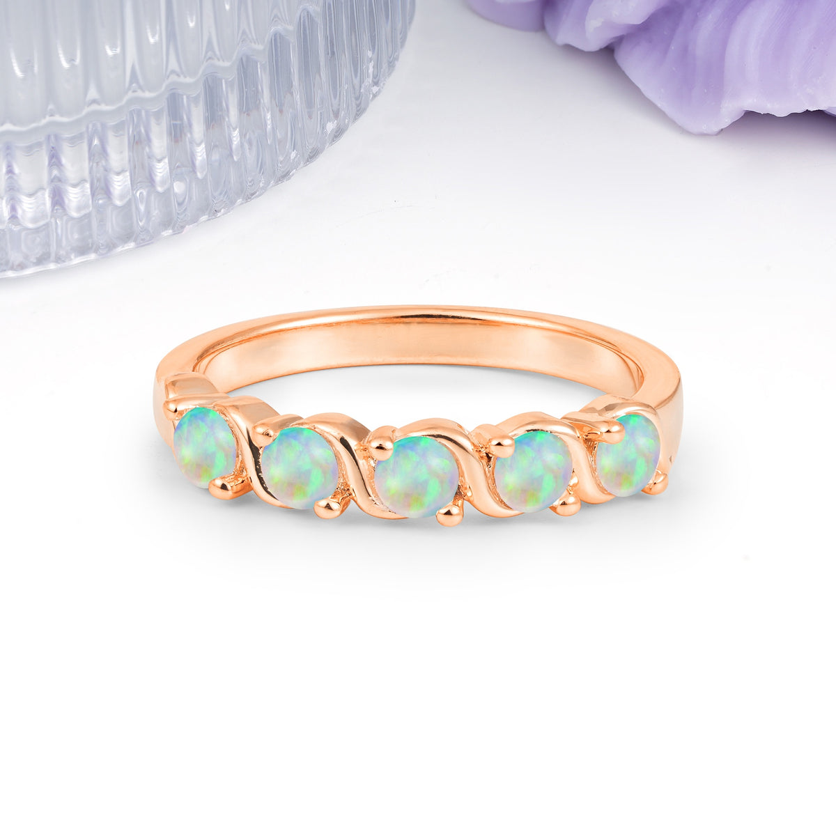 Luxurious Pavé-Set Diamonds, Classic 2-Prong Round Cut Fire Opal Wedding Ring - Additional view
