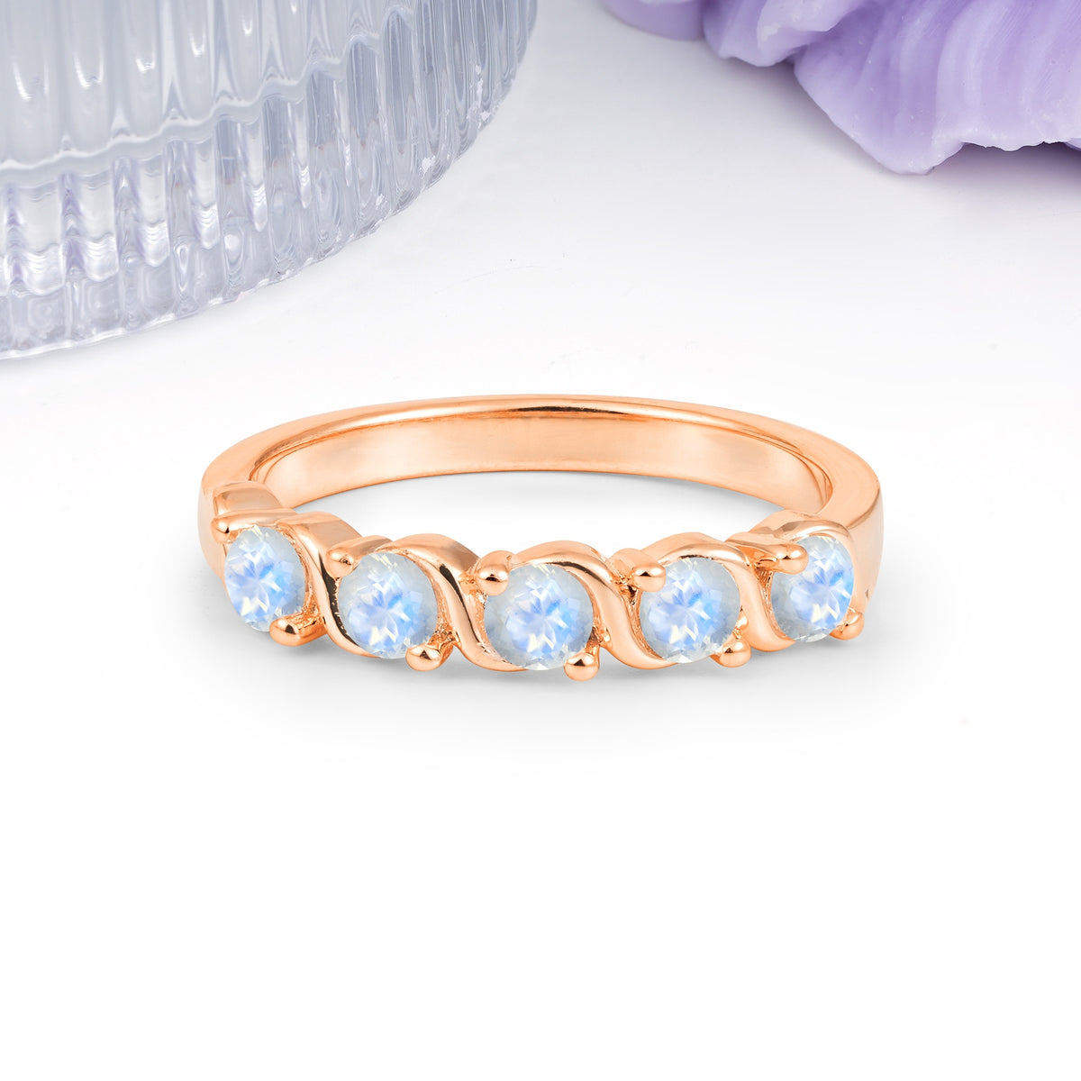 Luxurious Pavé-Set Diamonds, Classic 2-Prong Round Cut Moonstone Wedding Ring - Additional view