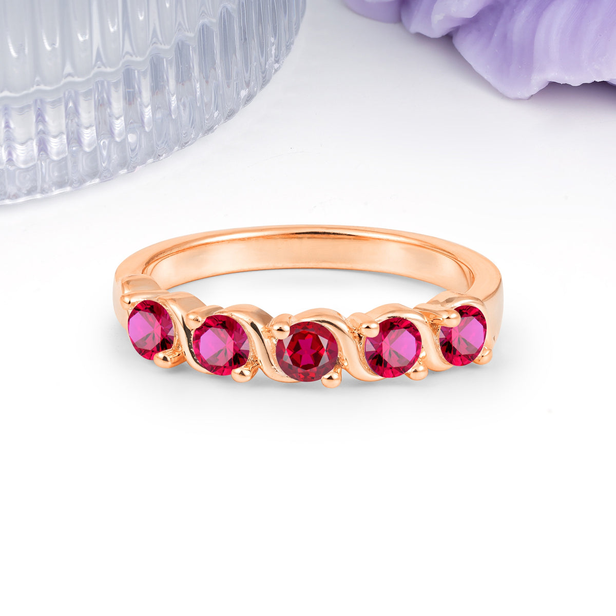 Luxurious Pavé-Set Diamonds, Classic 2-Prong Round Cut Ruby Wedding Ring - Additional view