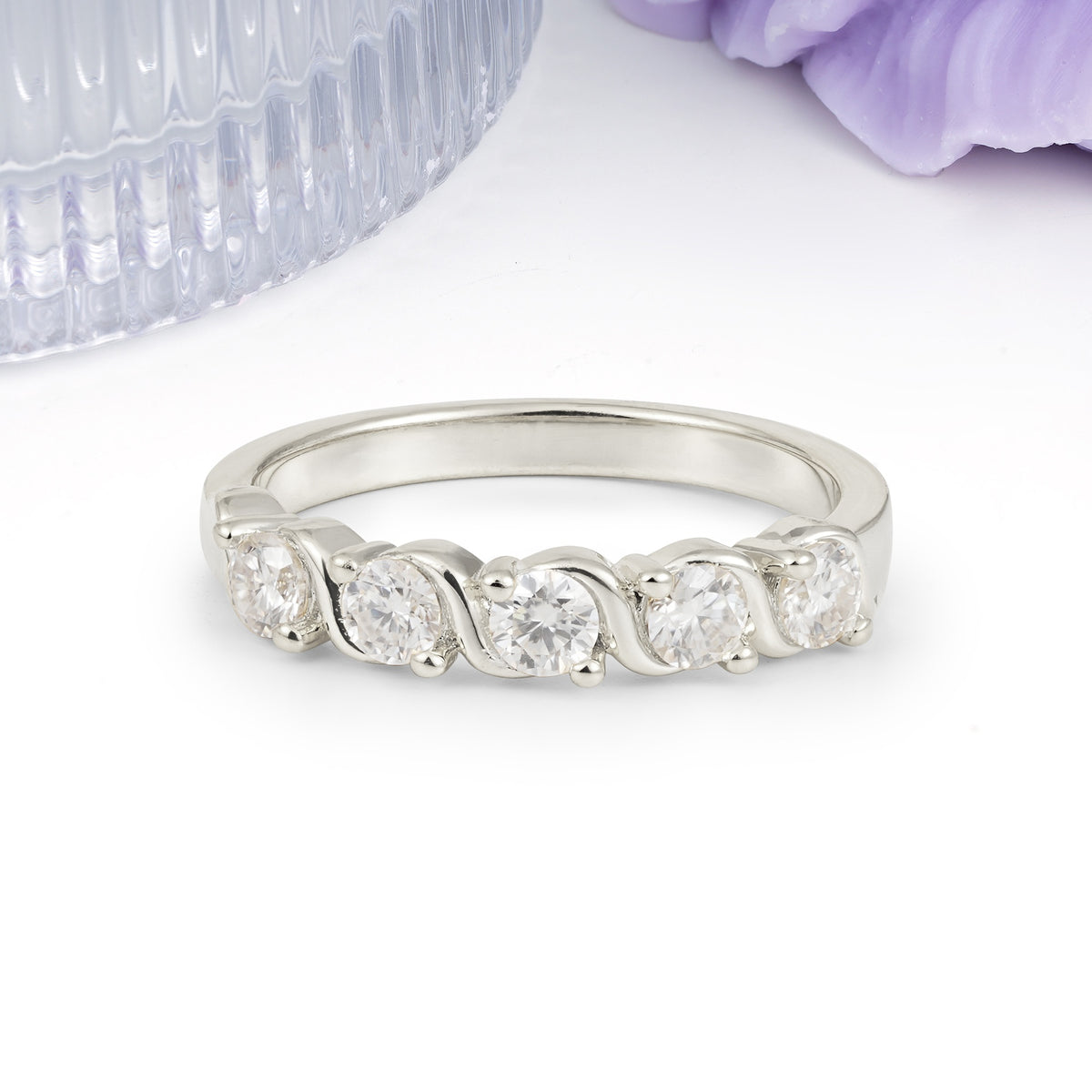 Luxurious Pavé-Set Diamonds, Classic 2-Prong Round Cut Moissanite Wedding Ring - Additional view