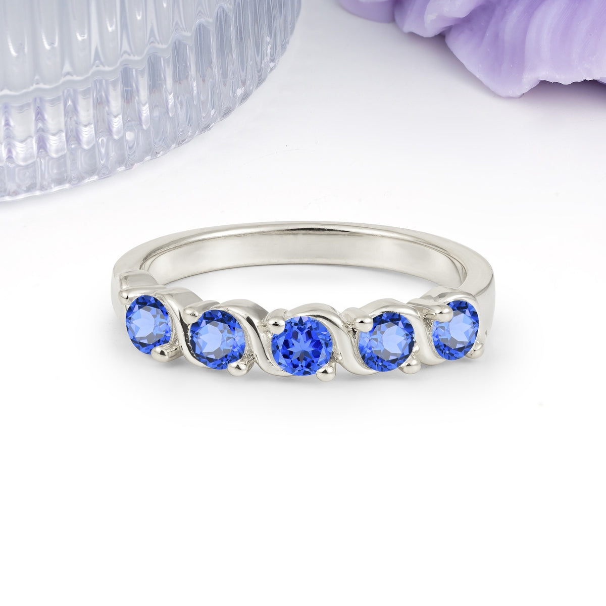 Luxurious Pavé-Set Diamonds, Classic 2-Prong Round Cut Sapphire Wedding Ring - Additional view