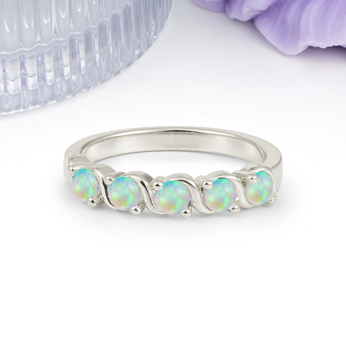 Luxurious Pavé-Set Diamonds, Classic 2-Prong Round Cut Fire Opal Wedding Ring - Additional view