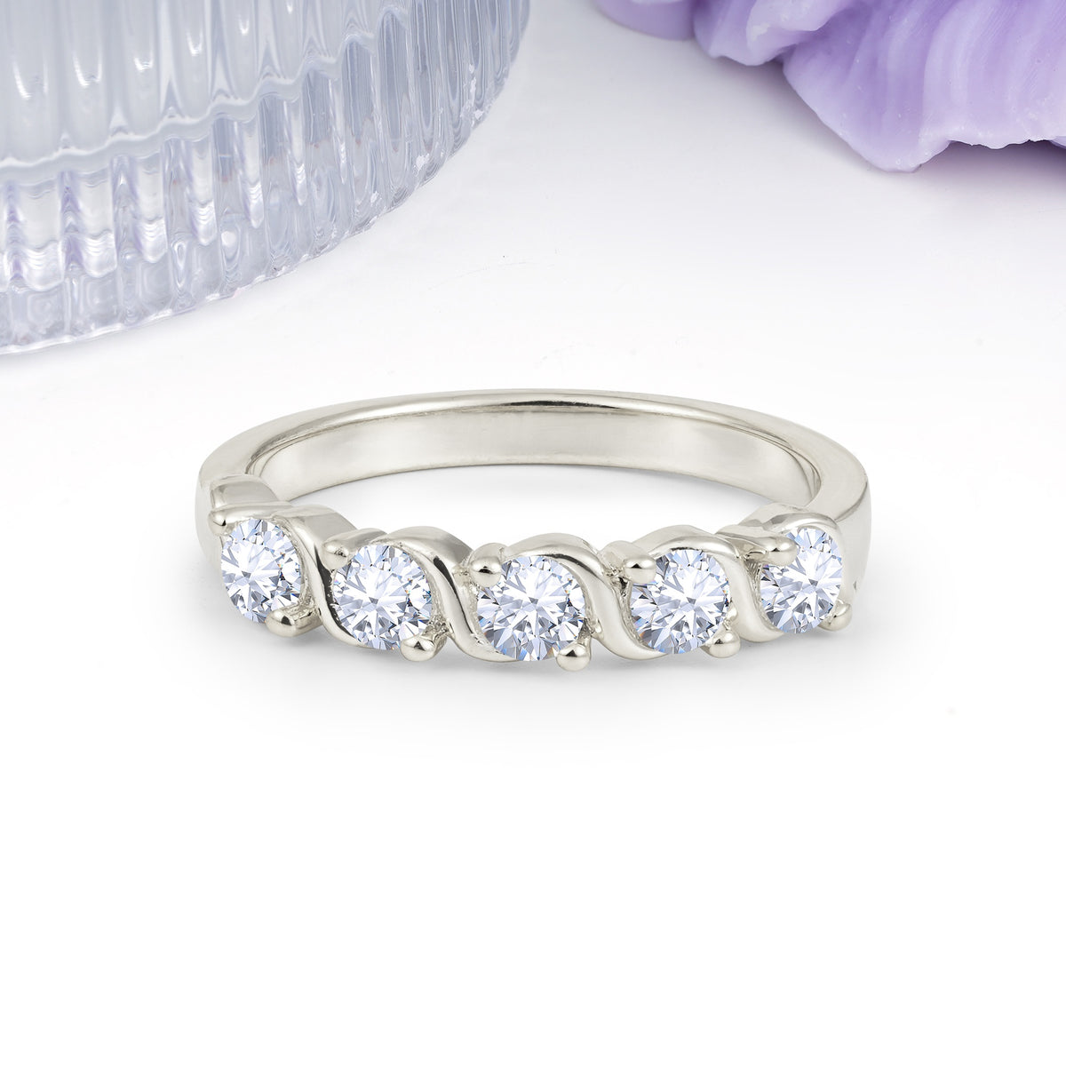 Luxurious Pavé-Set Diamonds, Classic 2-Prong Round Cut Lab Diamond Wedding Ring - Additional view