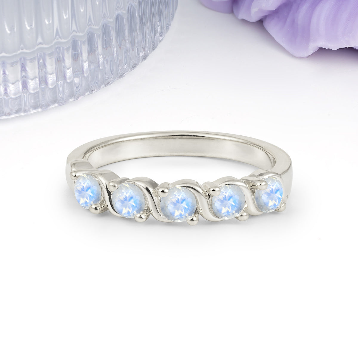 Luxurious Pavé-Set Diamonds, Classic 2-Prong Round Cut Moonstone Wedding Ring - Additional view