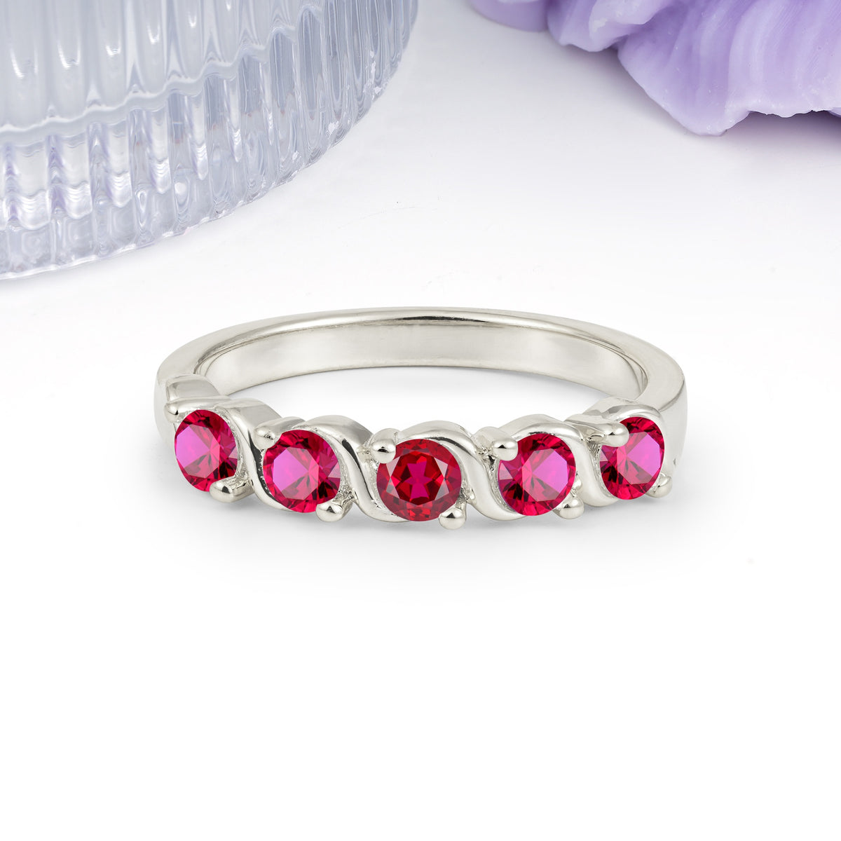 Luxurious Pavé-Set Diamonds, Classic 2-Prong Round Cut Ruby Wedding Ring - Additional view