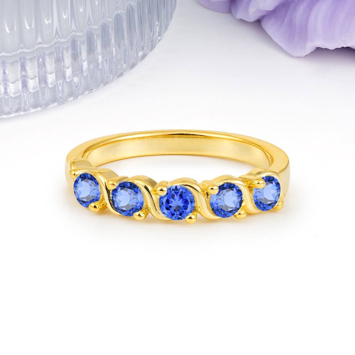 Luxurious Pavé-Set Diamonds, Classic 2-Prong Round Cut Sapphire Wedding Ring - Additional view