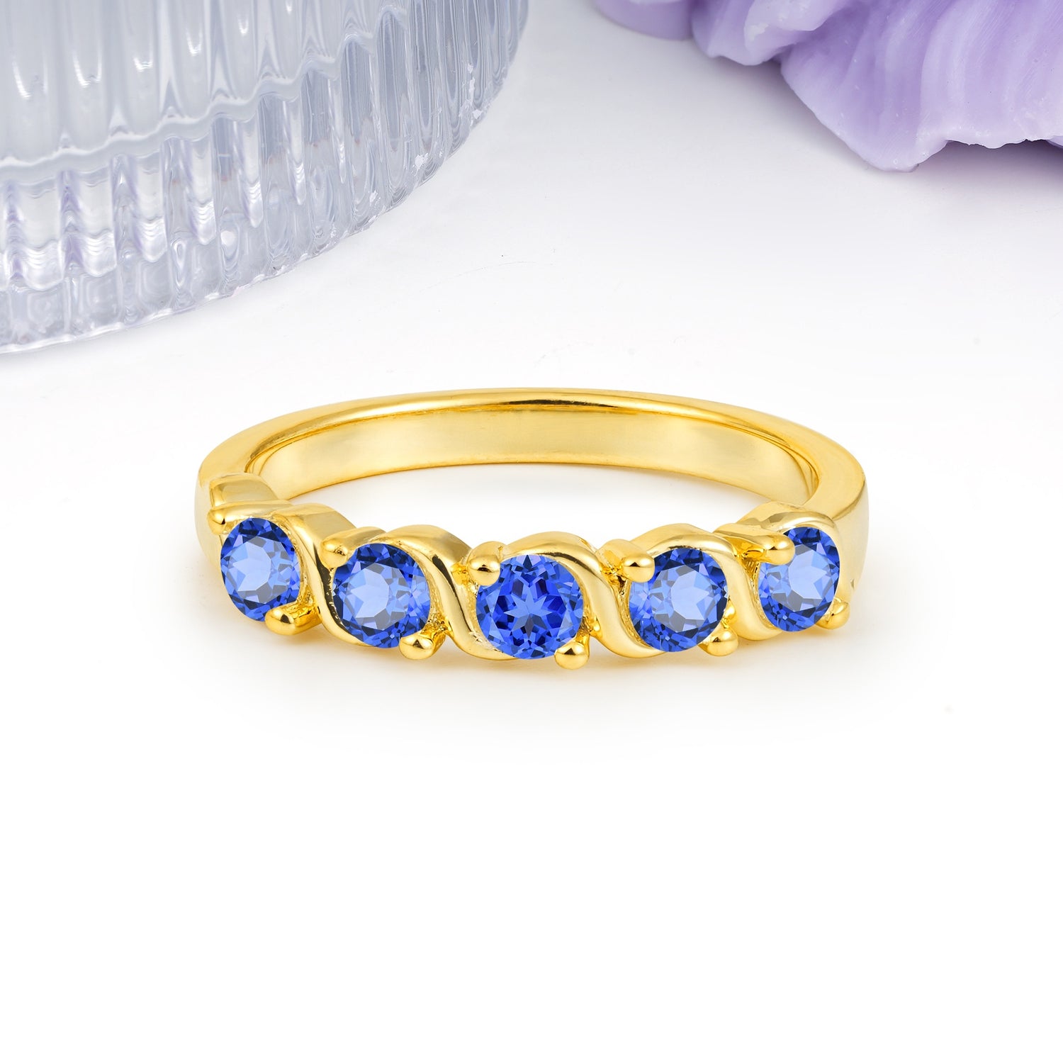 Luxurious Pavé-Set Diamonds, Classic 2-Prong Round Cut Sapphire Wedding Ring - Additional view