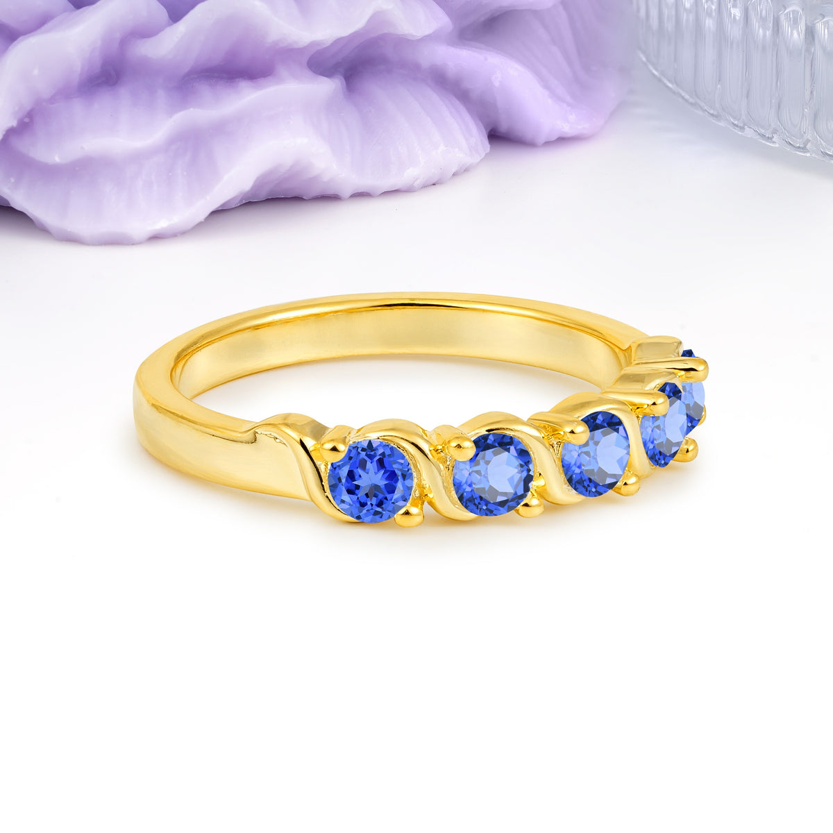 Luxurious Pavé-Set Diamonds, Classic 2-Prong Round Cut Sapphire Wedding Ring - Additional view