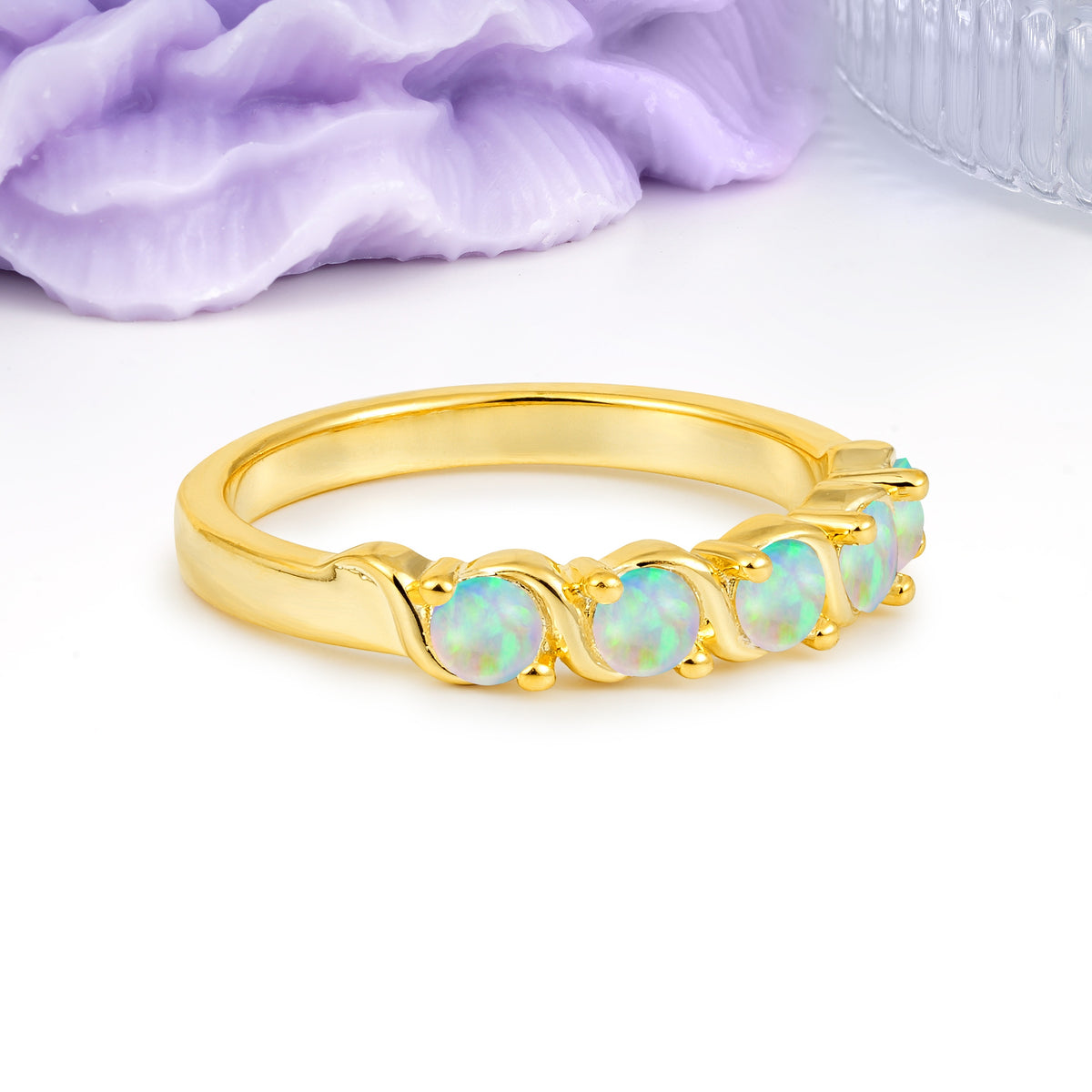 Luxurious Pavé-Set Diamonds, Classic 2-Prong Round Cut Fire Opal Wedding Ring - Additional view