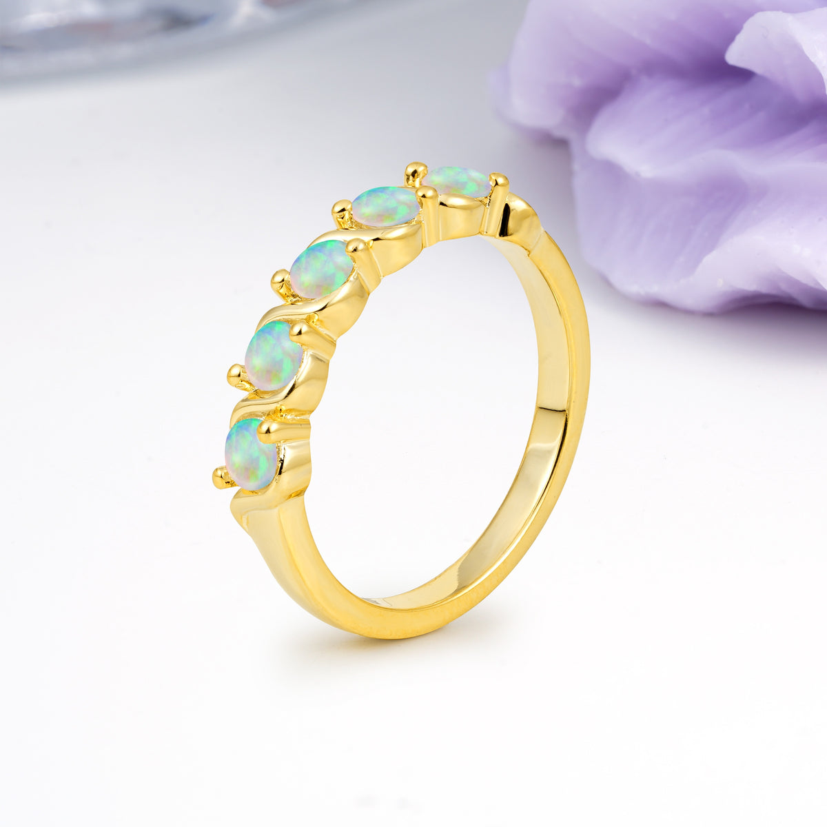 Luxurious Pavé-Set Diamonds, Classic 2-Prong Round Cut Fire Opal Wedding Ring - Additional view