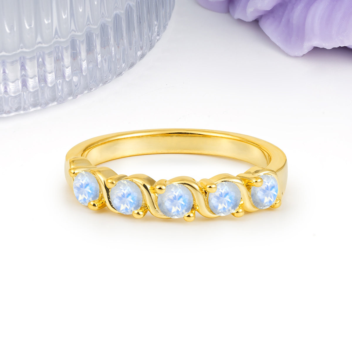 Luxurious Pavé-Set Diamonds, Classic 2-Prong Round Cut Moonstone Wedding Ring - Additional view
