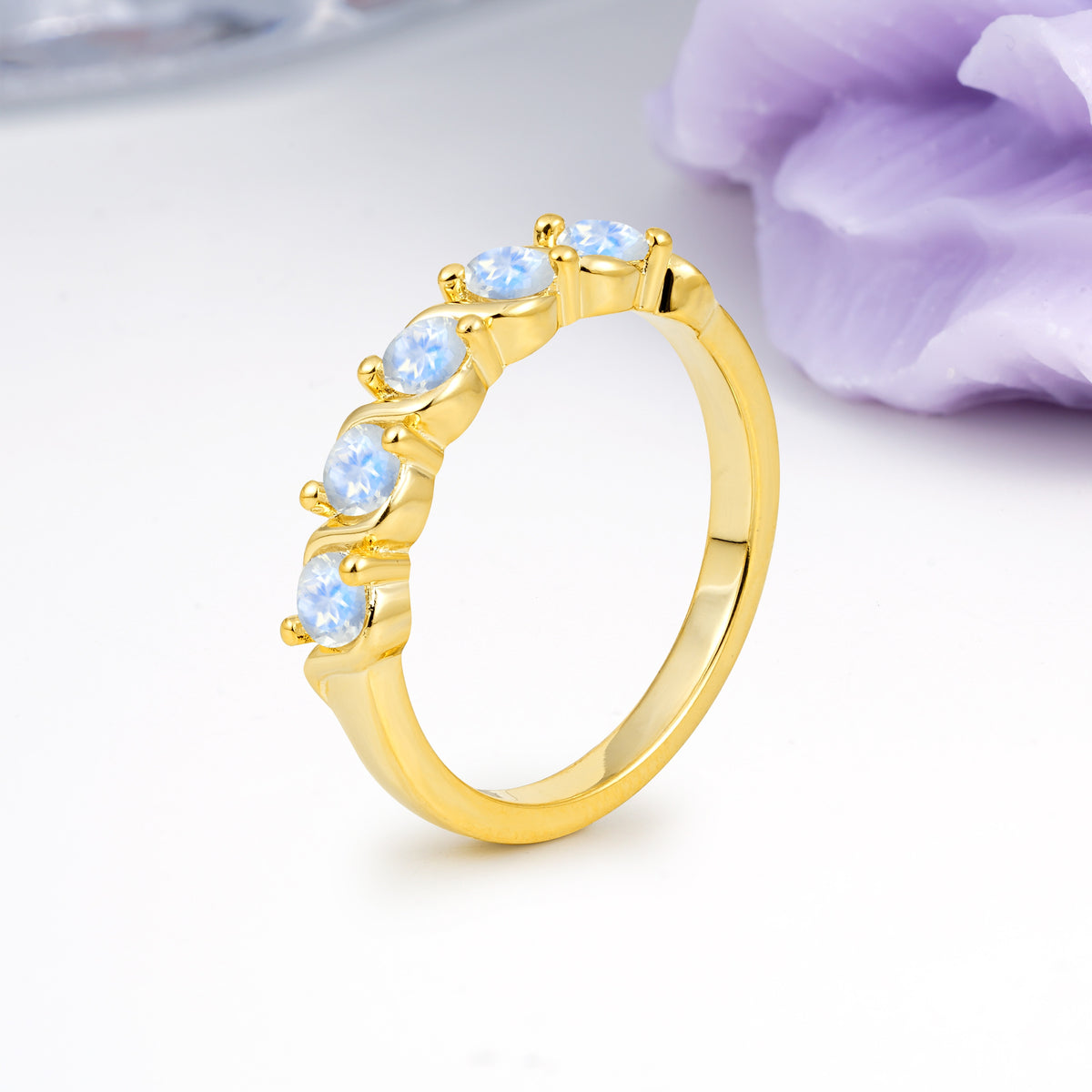 Luxurious Pavé-Set Diamonds, Classic 2-Prong Round Cut Moonstone Wedding Ring - Additional view