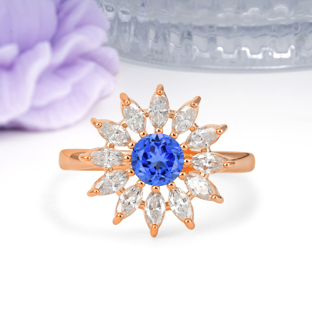 Luxurious Classic Flower-Shaped 12-Prong Round Cut Sapphire Engagement Ring - Additional view