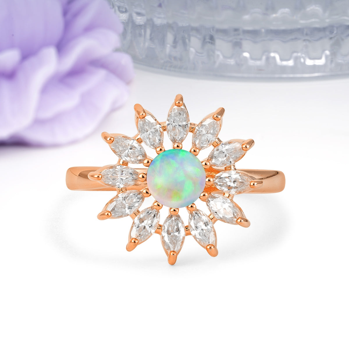 Luxurious Classic Flower-Shaped 12-Prong Round Cut Fire Opal Engagement Ring - Additional view