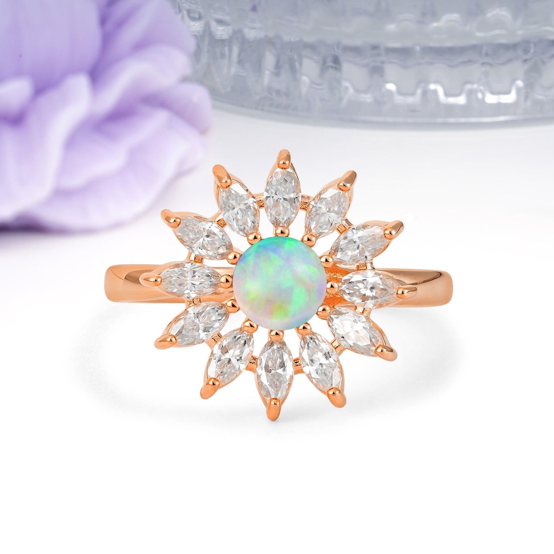 Luxurious Classic Flower-Shaped 12-Prong Round Cut Fire Opal Engagement Ring - Additional view