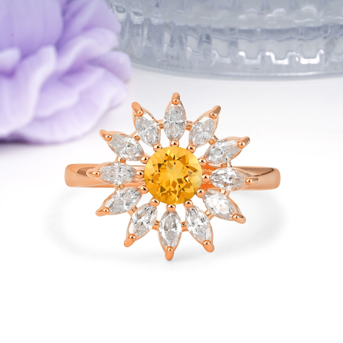 Luxurious Classic Flower-Shaped 12-Prong Round Cut Citrine Engagement Ring - Additional view