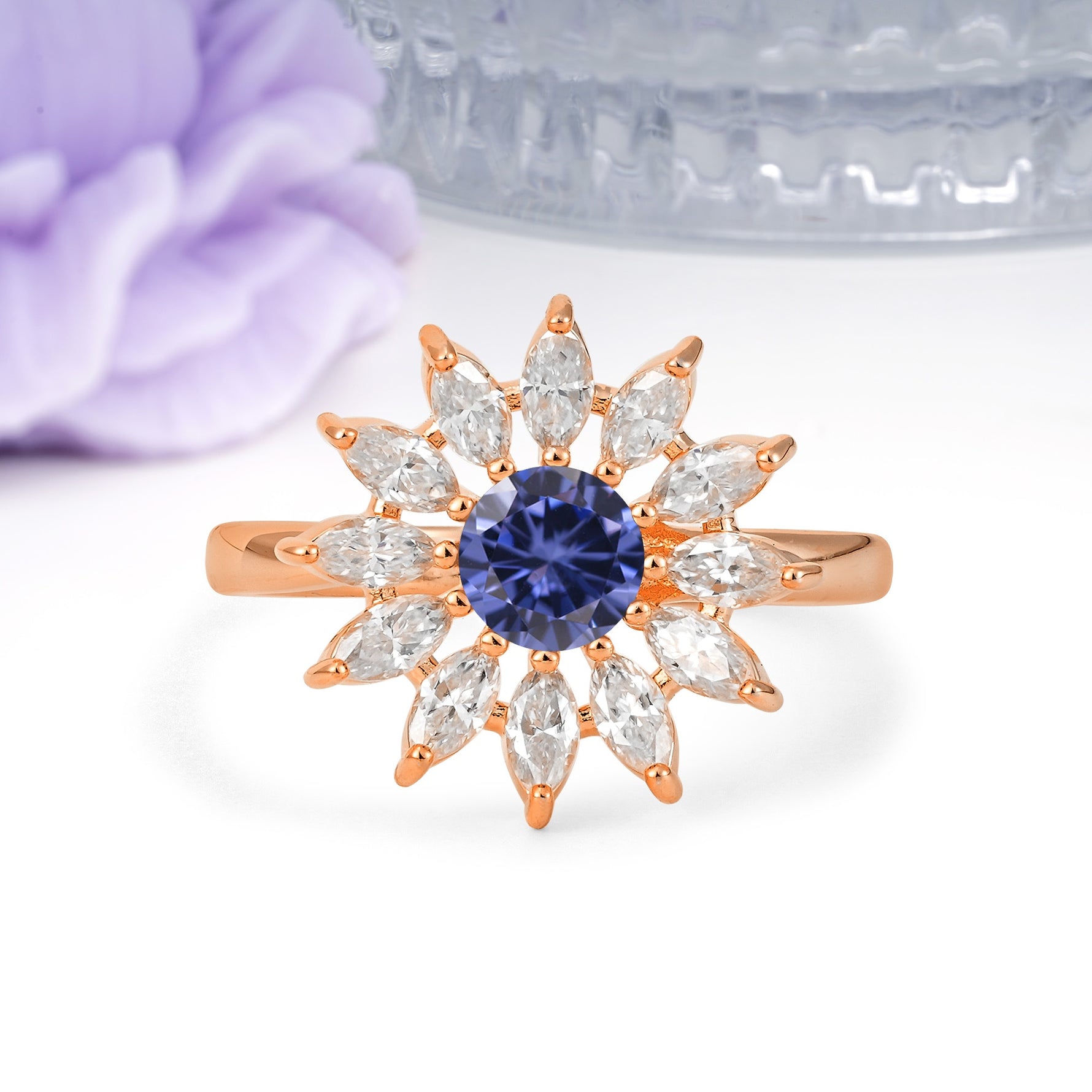 Luxurious Classic Flower-Shaped 12-Prong Round Cut Tanzanite Engagement Ring - Additional view