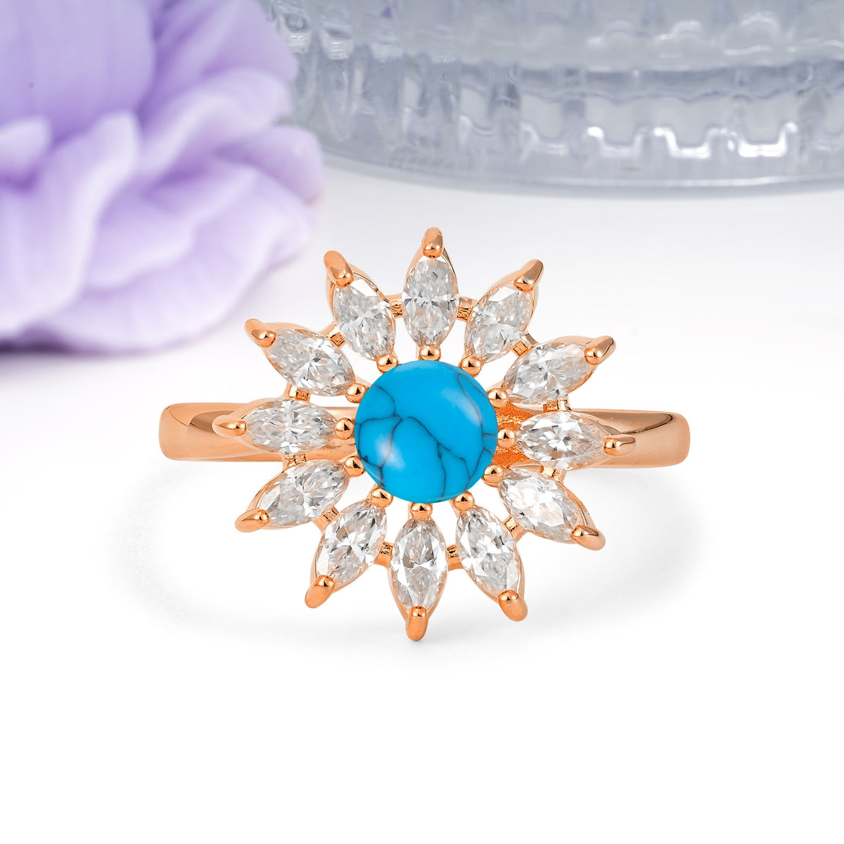 Luxurious Classic Flower-Shaped 12-Prong Round Cut Turquoise Engagement Ring - Additional view