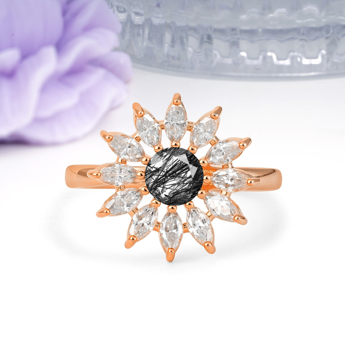 Luxurious Classic Flower-Shaped 12-Prong Round Cut Black Rutilated Quartz Engagement Ring - Additional view