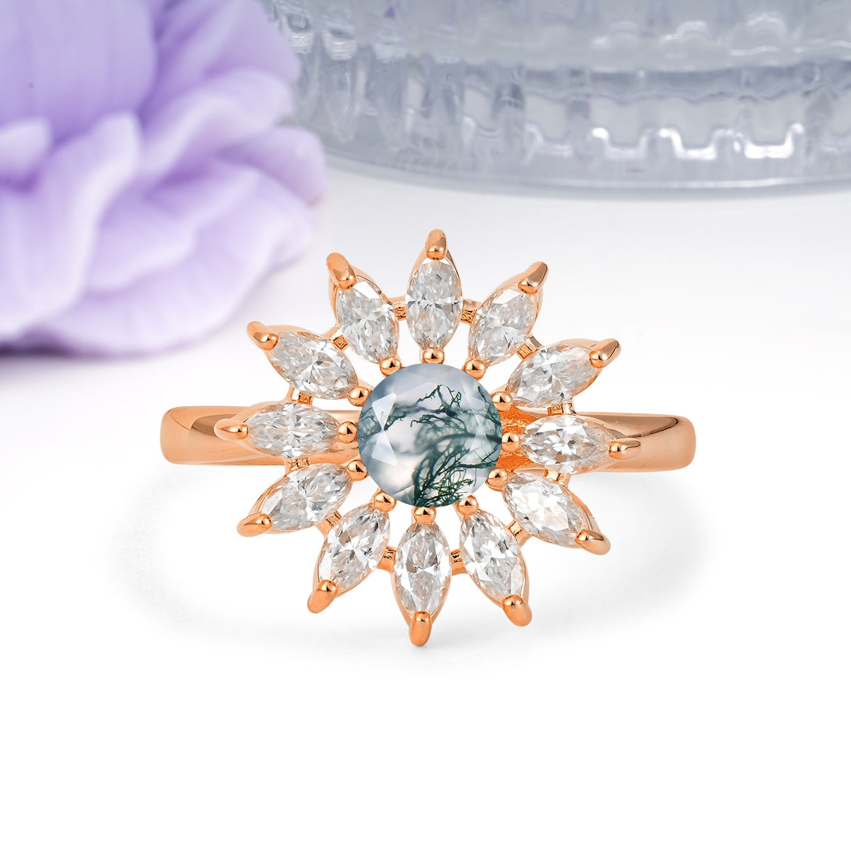 Luxurious Classic Flower-Shaped 12-Prong Round Cut Moss Agate Engagement Ring - Additional view