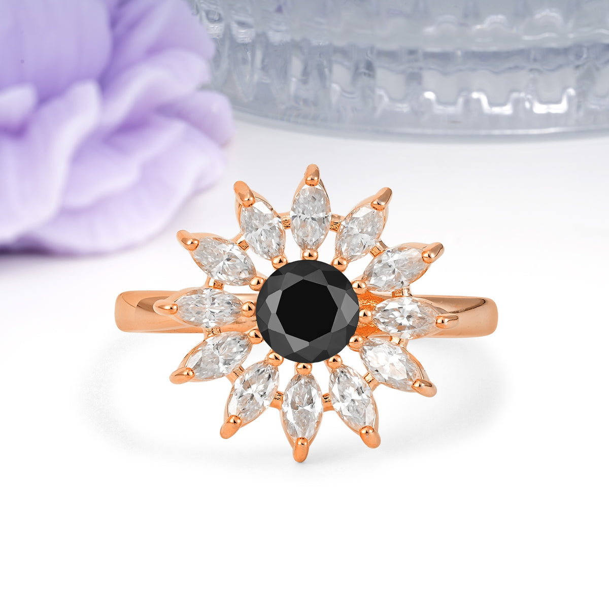 Luxurious Classic Flower-Shaped 12-Prong Round Cut Black Onyx Engagement Ring - Additional view