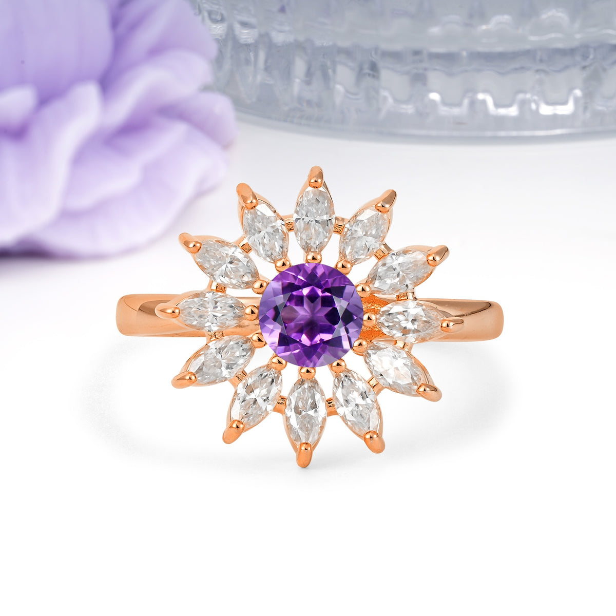 Luxurious Classic Flower-Shaped 12-Prong Round Cut Amethyst Engagement Ring - Additional view