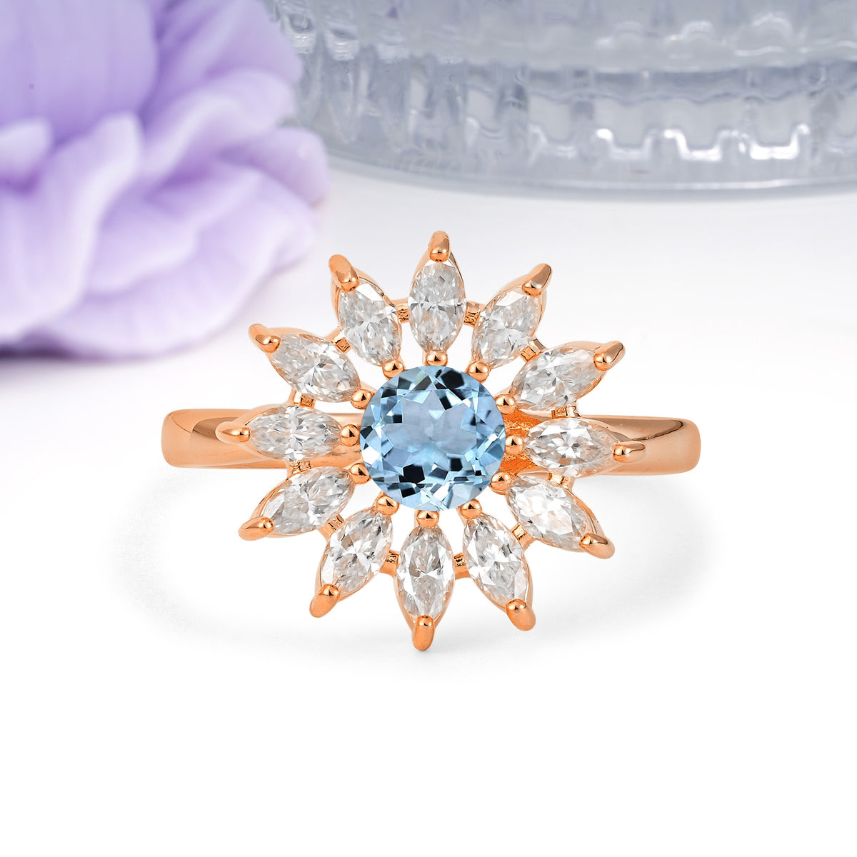 Luxurious Classic Flower-Shaped 12-Prong Round Cut Aquamarine Engagement Ring - Additional view