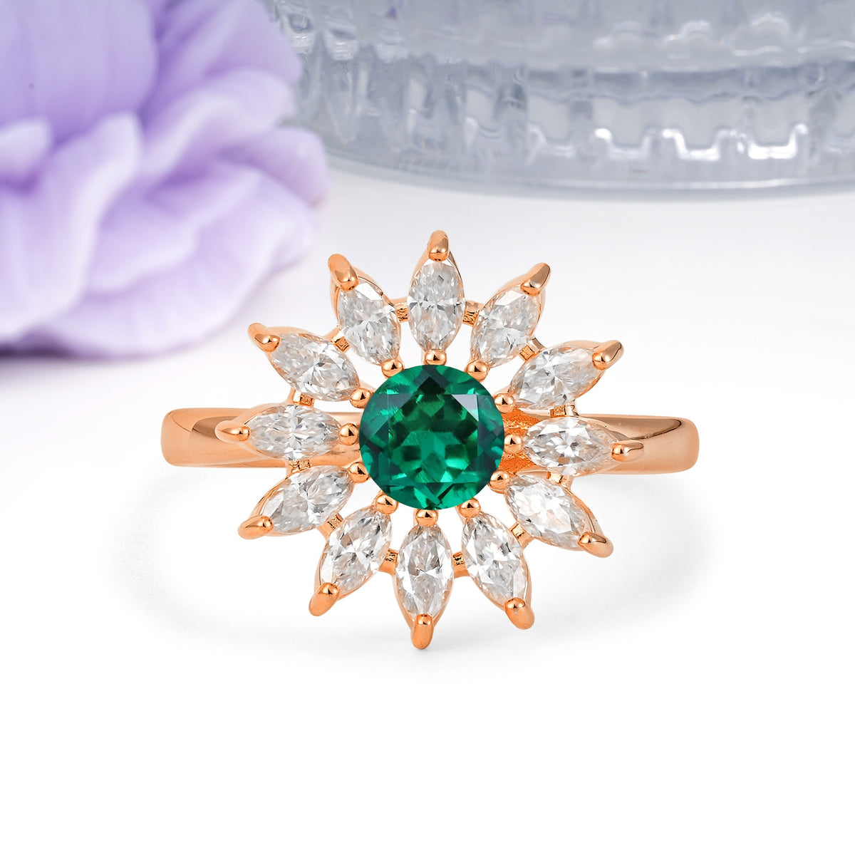Luxurious Classic Flower-Shaped 12-Prong Round Cut Emerald Engagement Ring - Additional view