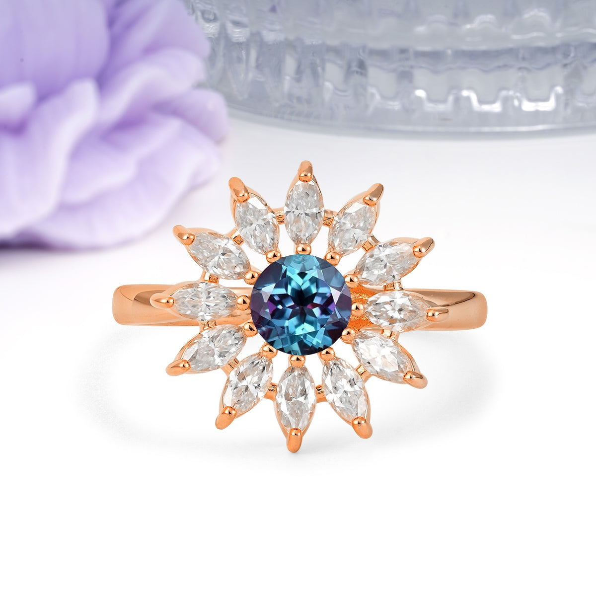 Luxurious Classic Flower-Shaped 12-Prong Round Cut Alexandrite Engagement Ring - Additional view