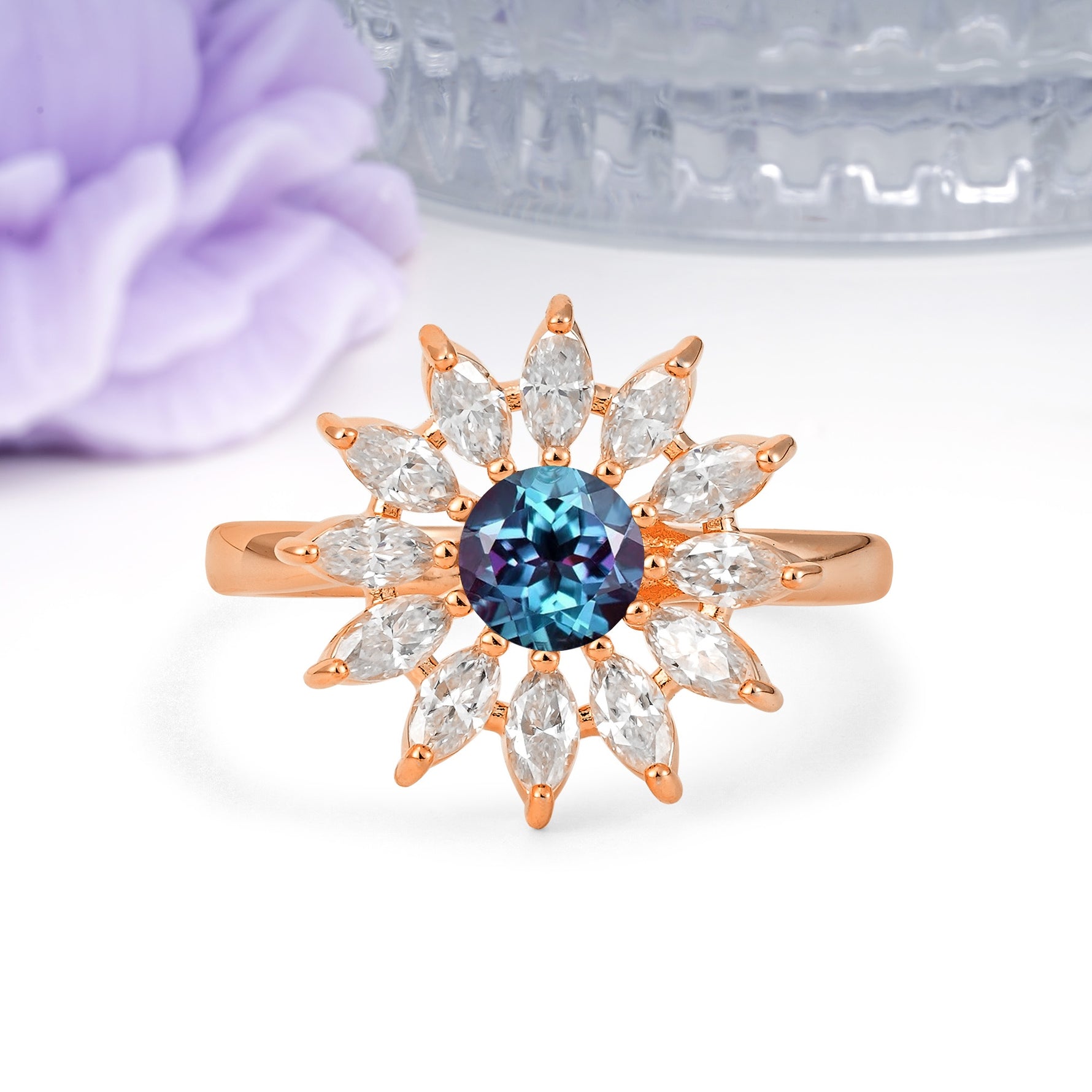 Luxurious Classic Flower-Shaped 12-Prong Round Cut Alexandrite Engagement Ring - Additional view