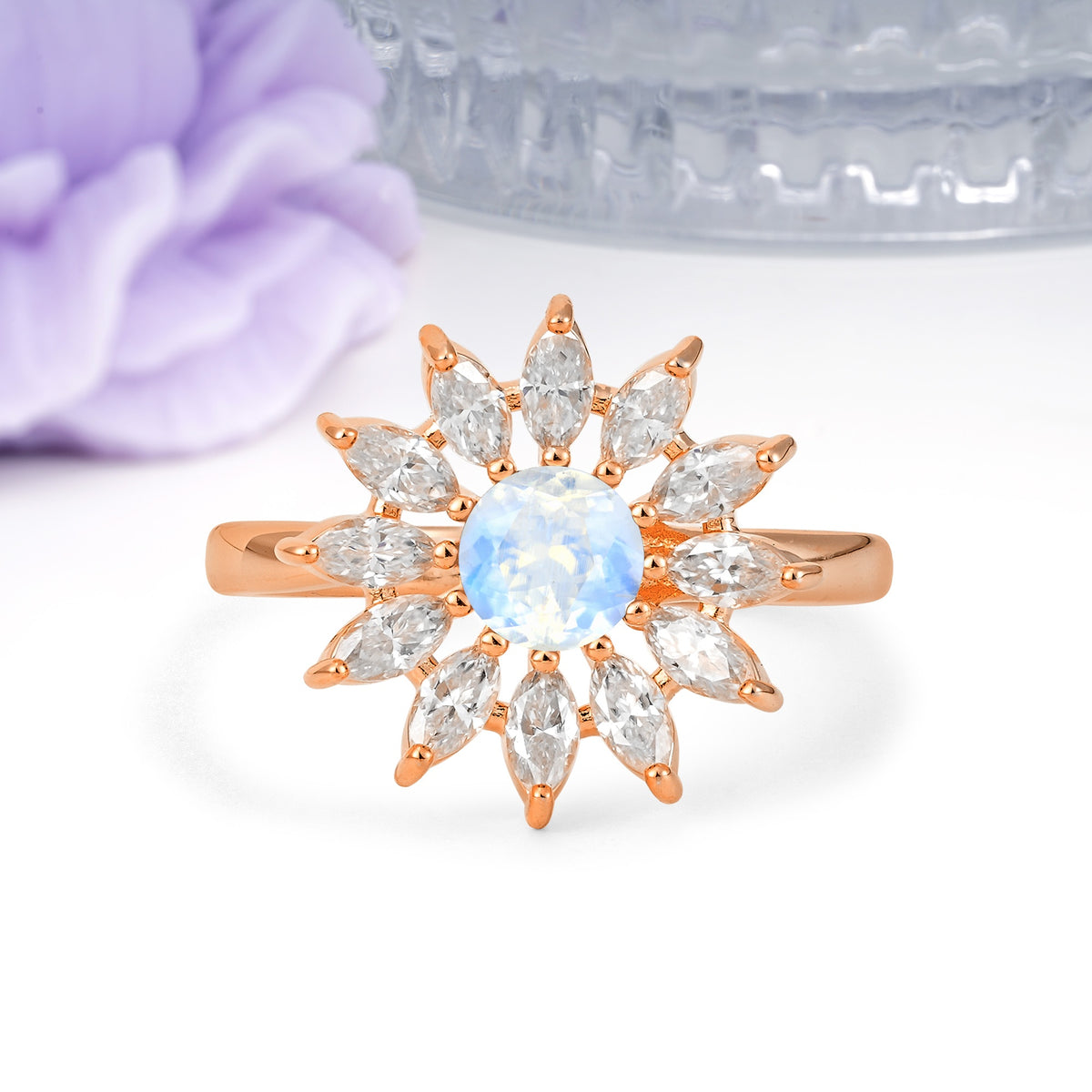 Luxurious Classic Flower-Shaped 12-Prong Round Cut Moonstone Engagement Ring - Additional view