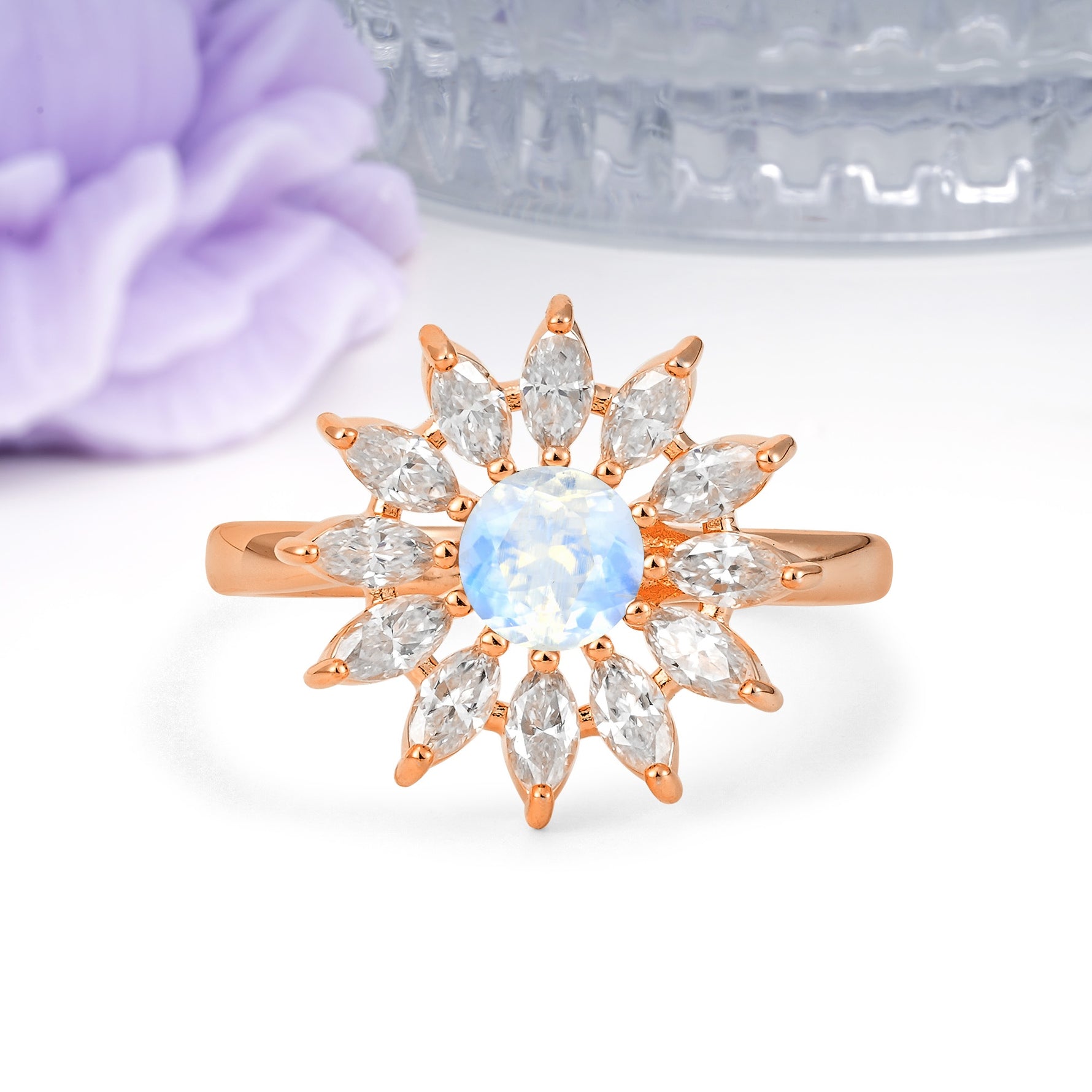 Luxurious Classic Flower-Shaped 12-Prong Round Cut Moonstone Engagement Ring - Additional view
