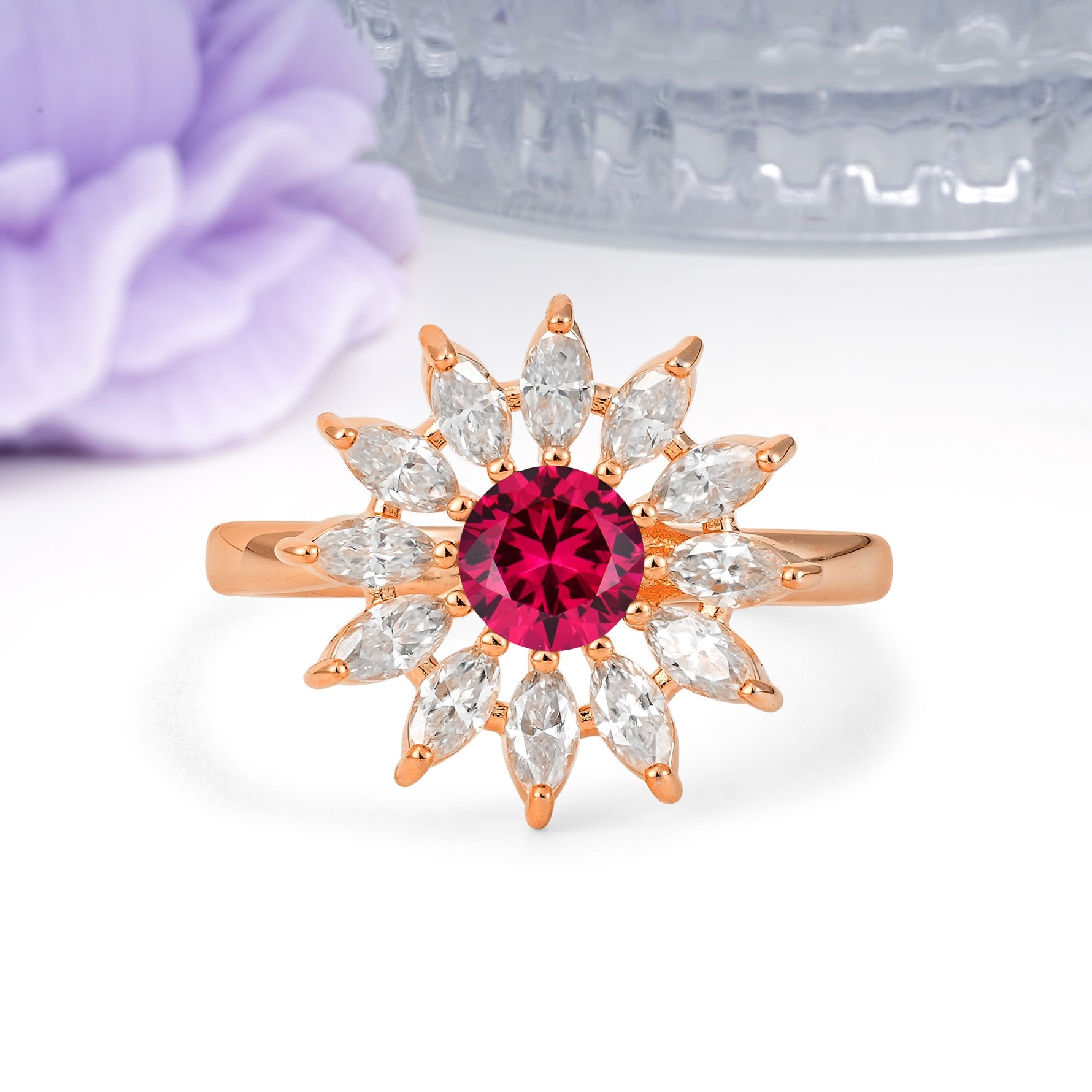 Luxurious Classic Flower-Shaped 12-Prong Round Cut Ruby Engagement Ring - Additional view