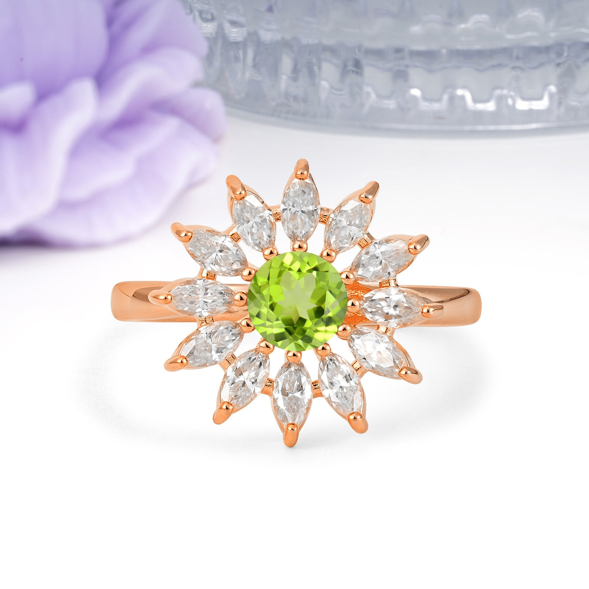 Luxurious Classic Flower-Shaped 12-Prong Round Cut Peridot Engagement Ring - Additional view