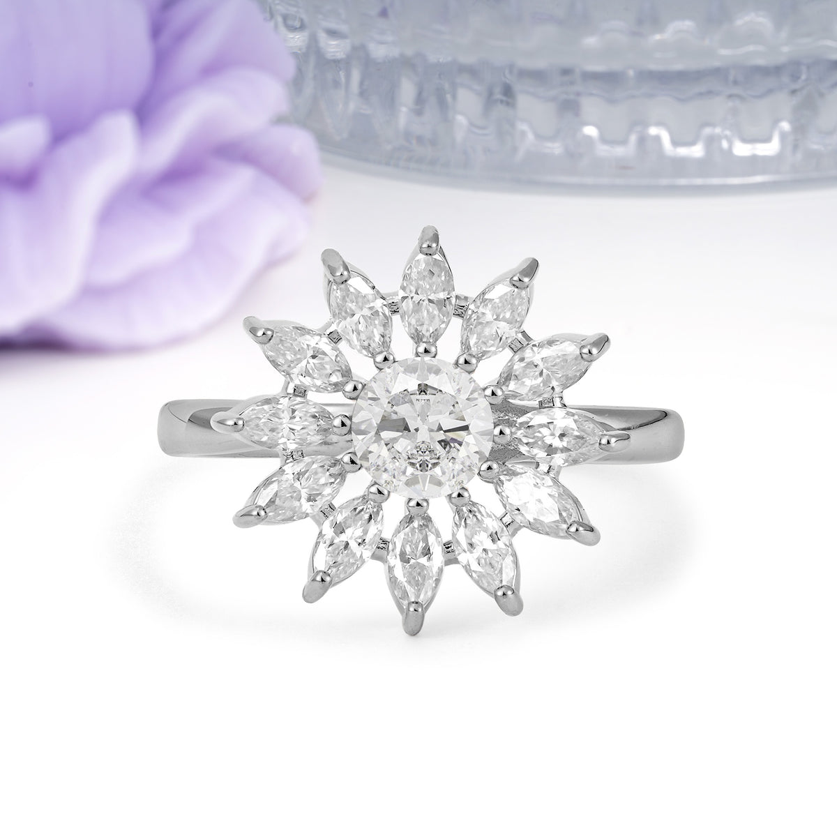 Luxurious Classic Flower-Shaped 12-Prong Round Cut Moissanite Engagement Ring - Additional view